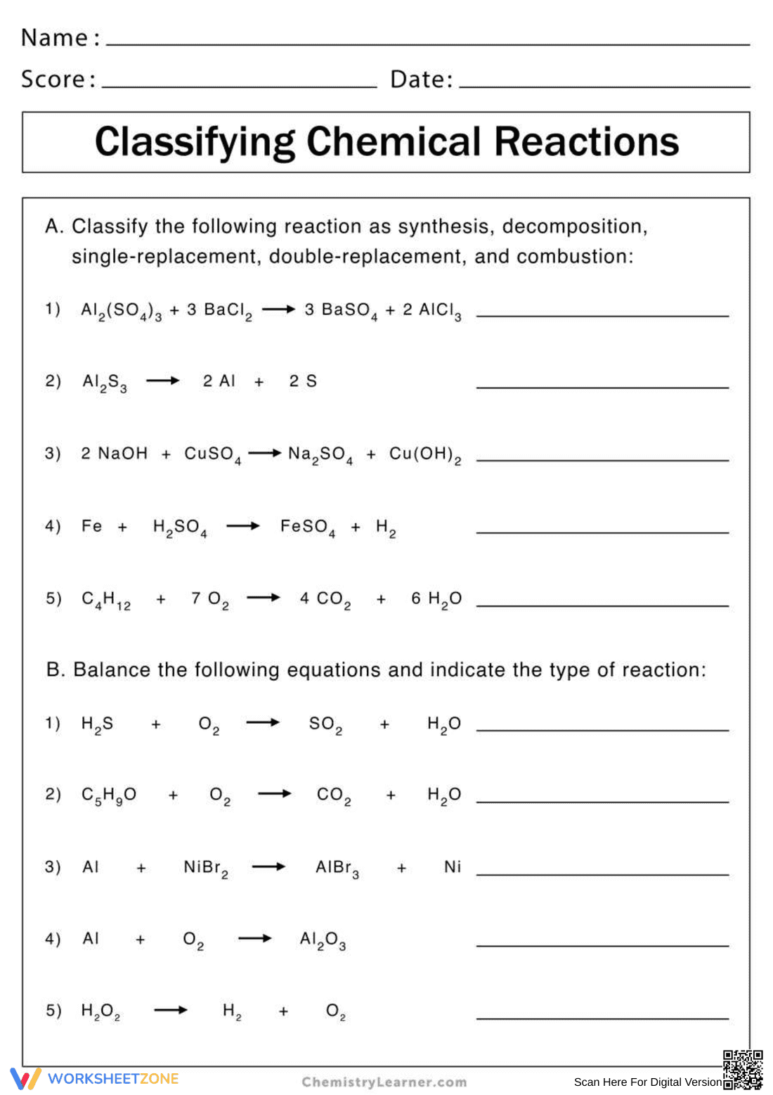 Chemical Reactions Worksheet: Classify & Balance - Page 1