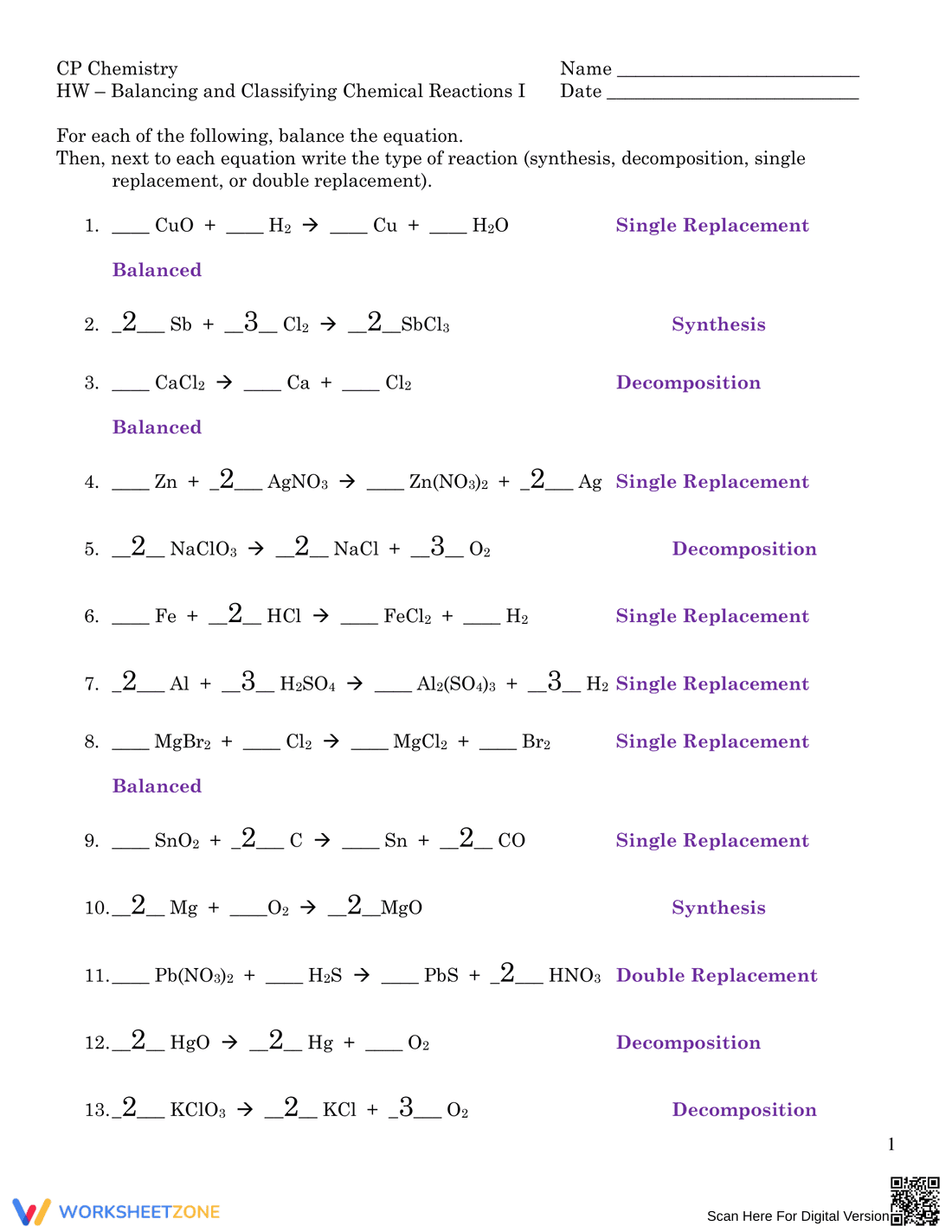 Balancing and Classifying Chemical Reactions - Page 1