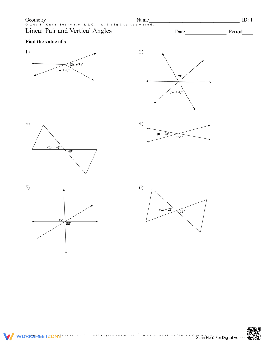Linear Pair and Vertical Angles Worksheet - Page 1