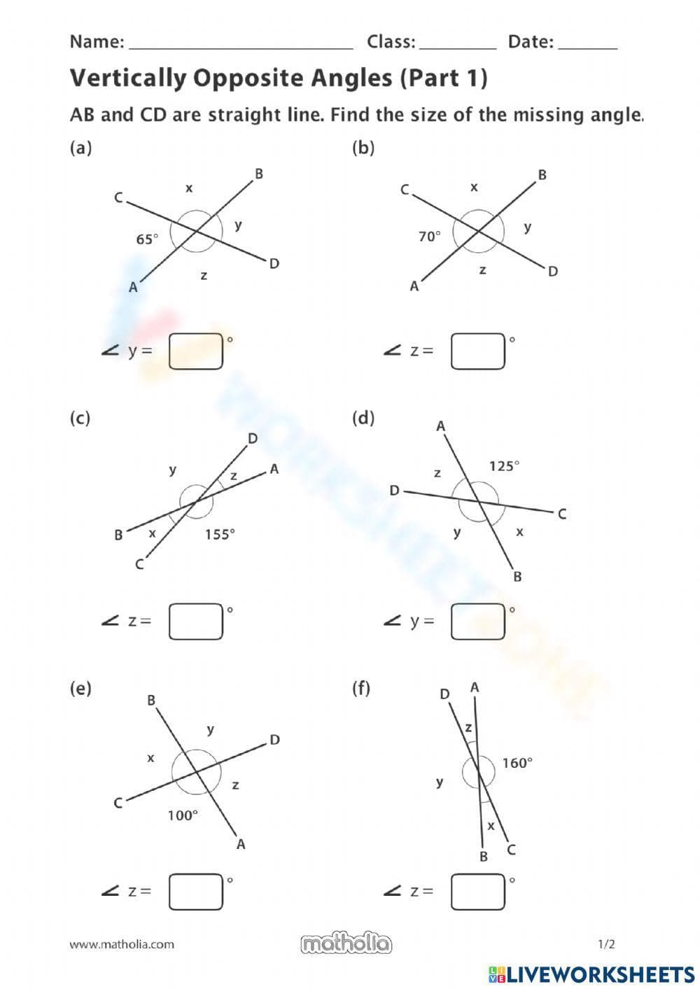 Vertical Angles Worksheet 3 - Page 1