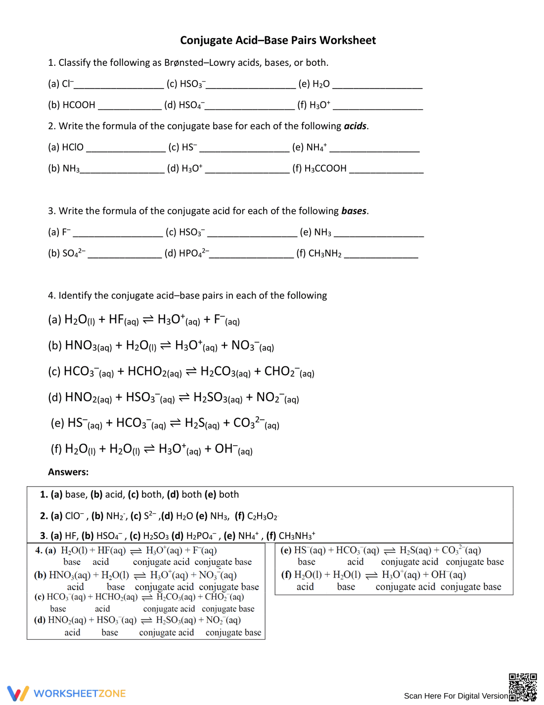 Conjugate Acid-Base Pairs Worksheet - Page 1