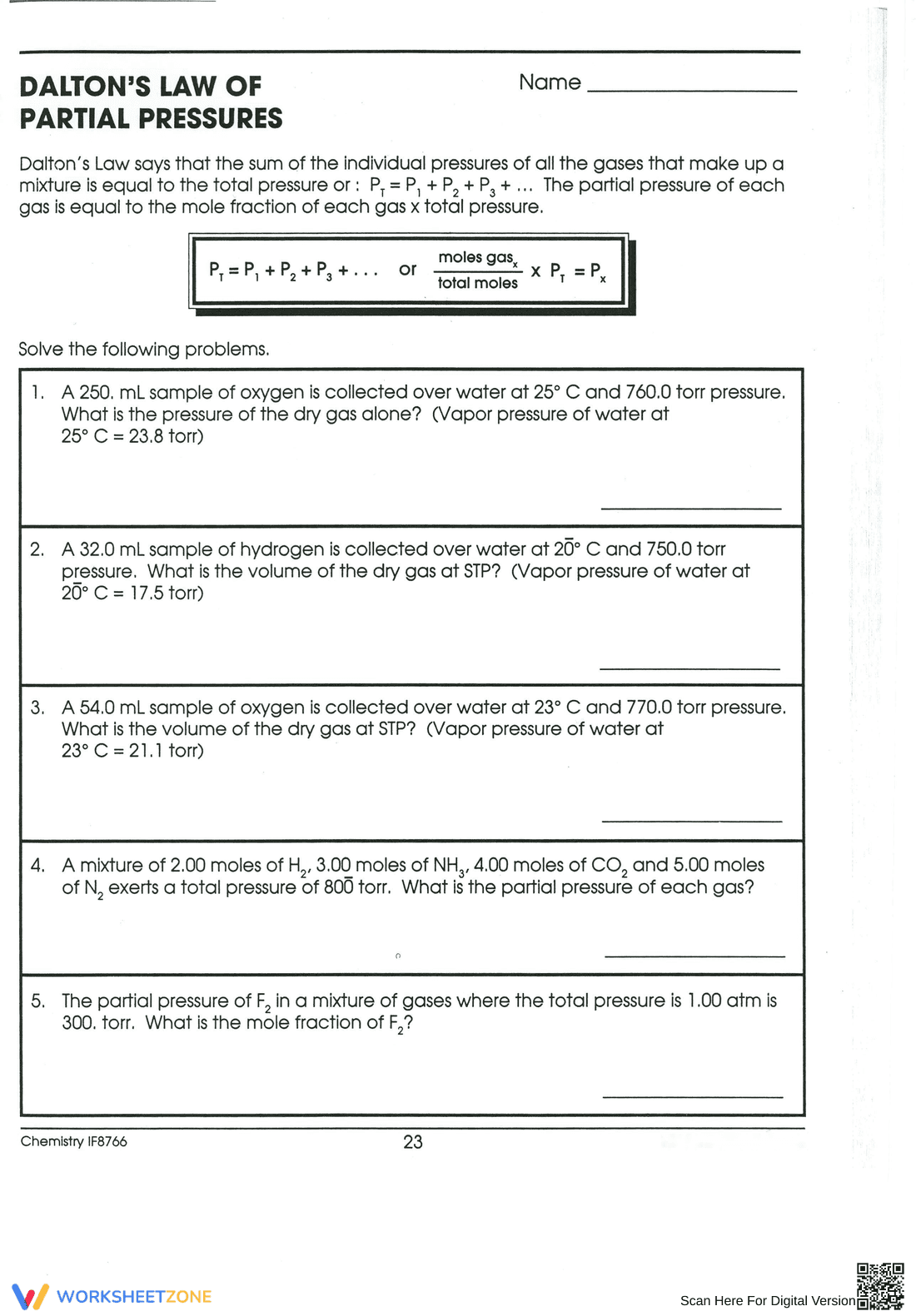 Practice Problems for Dalton's Law - Page 1