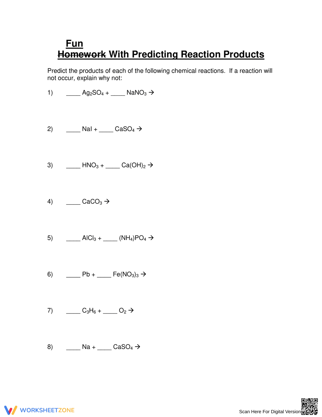 Predict Chemical Reaction Products Worksheet - Page 1