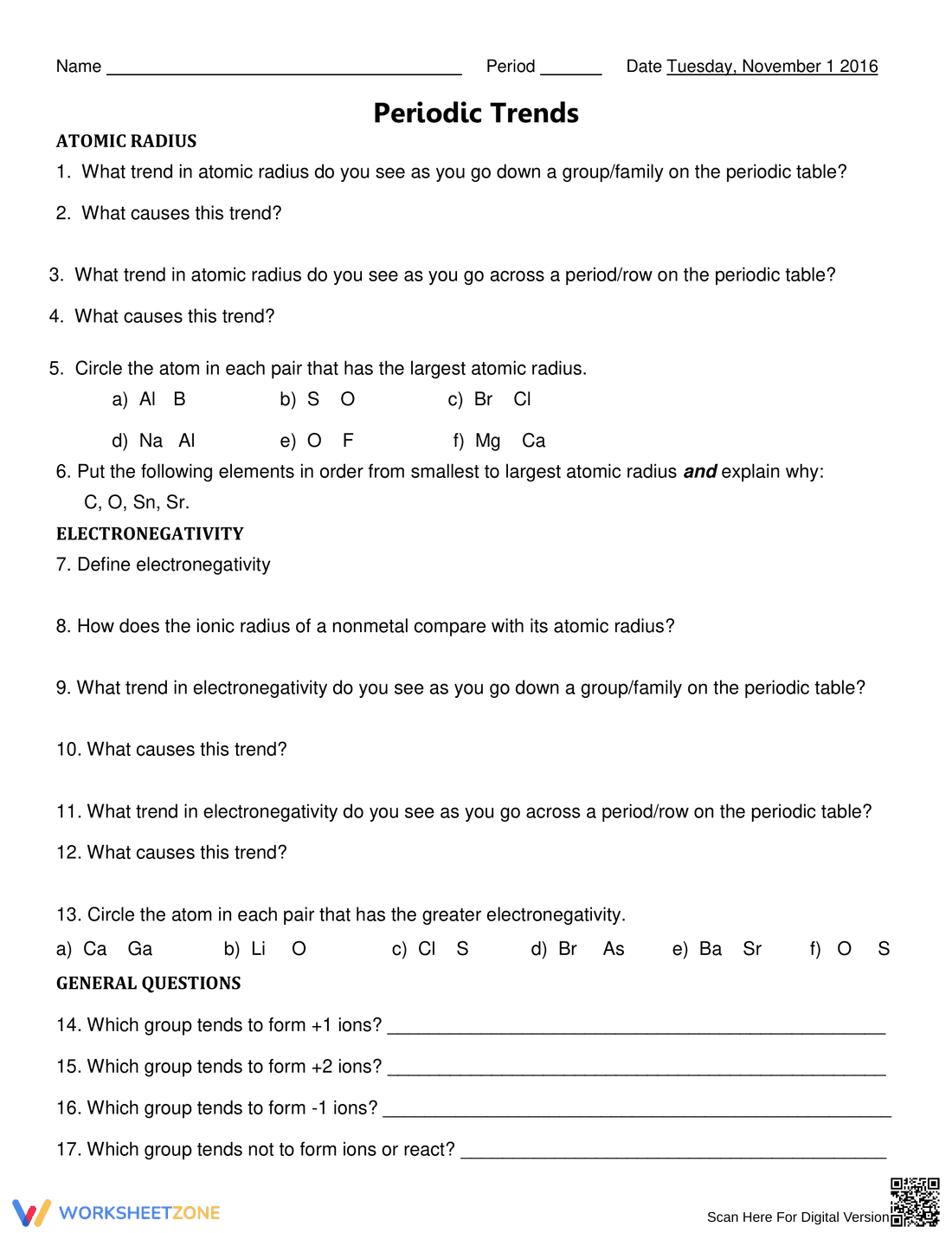 Updated Periodic Trends Chemistry Worksheet - Page 1