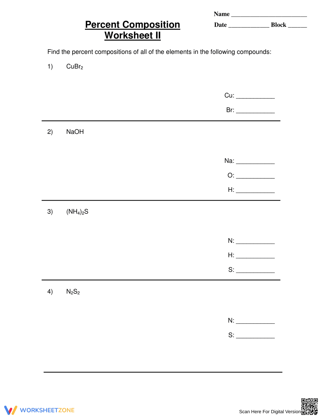 Percent Composition Worksheet - Page 1