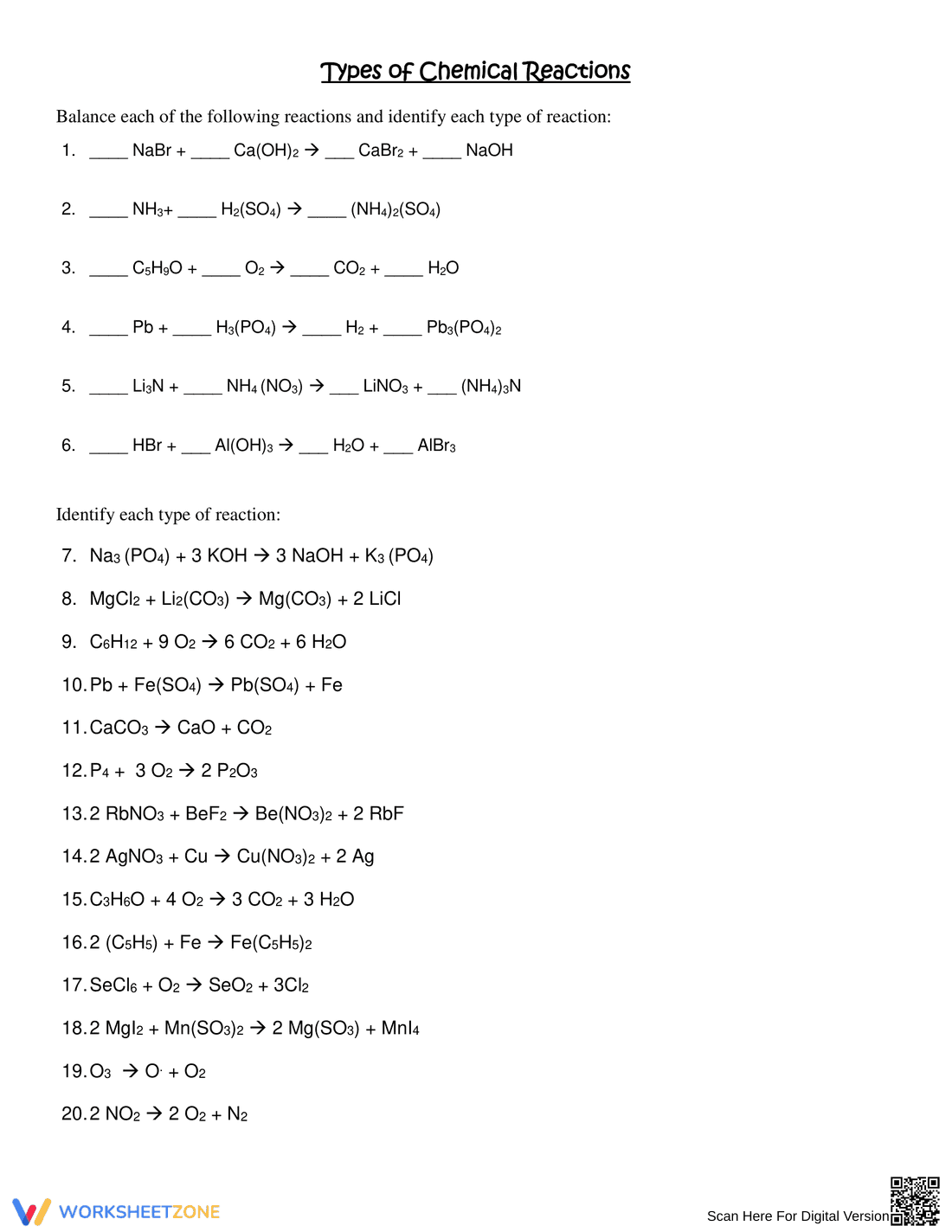 Classifying Types of Chemical Reactions Worksheet - Page 1