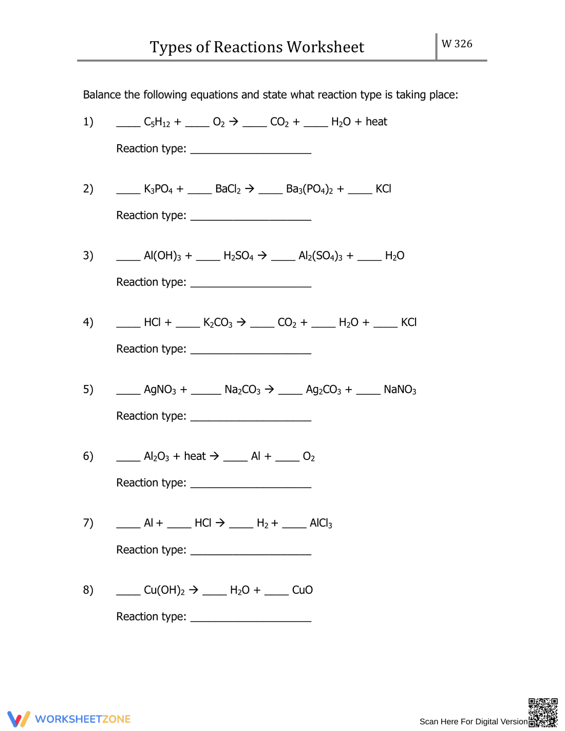 Types of Reactions Worksheet | Essential 9-12 Chemistry - Page 1