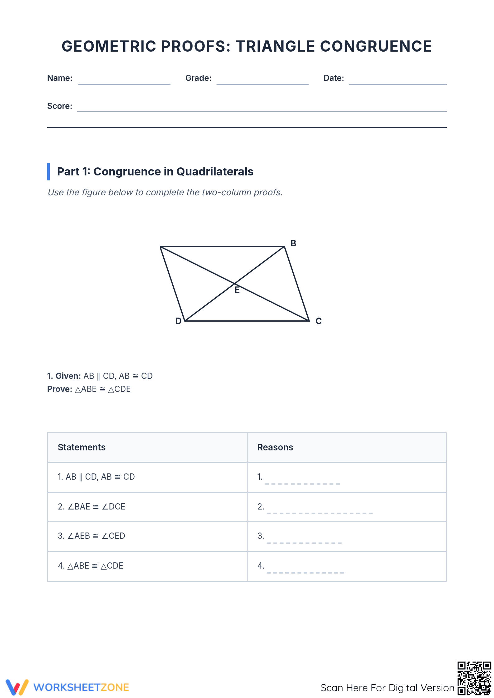 Essential HSG.CO.C.10: Triangle Congruence Worksheets - Grade 9 - Page 1