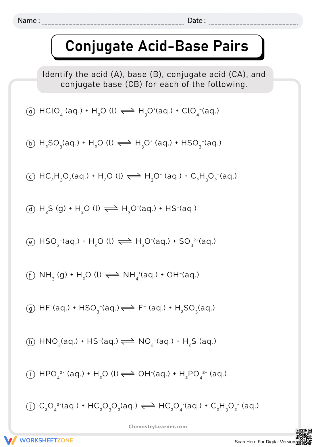 Conjugate Acid and Base Pairs Worksheet - Page 1