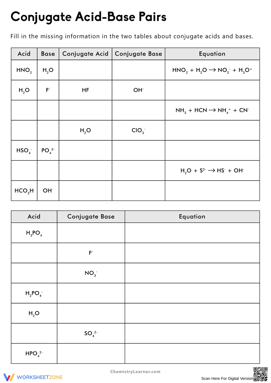 Acid and Base Pair Worksheet for Chemistry - Page 1