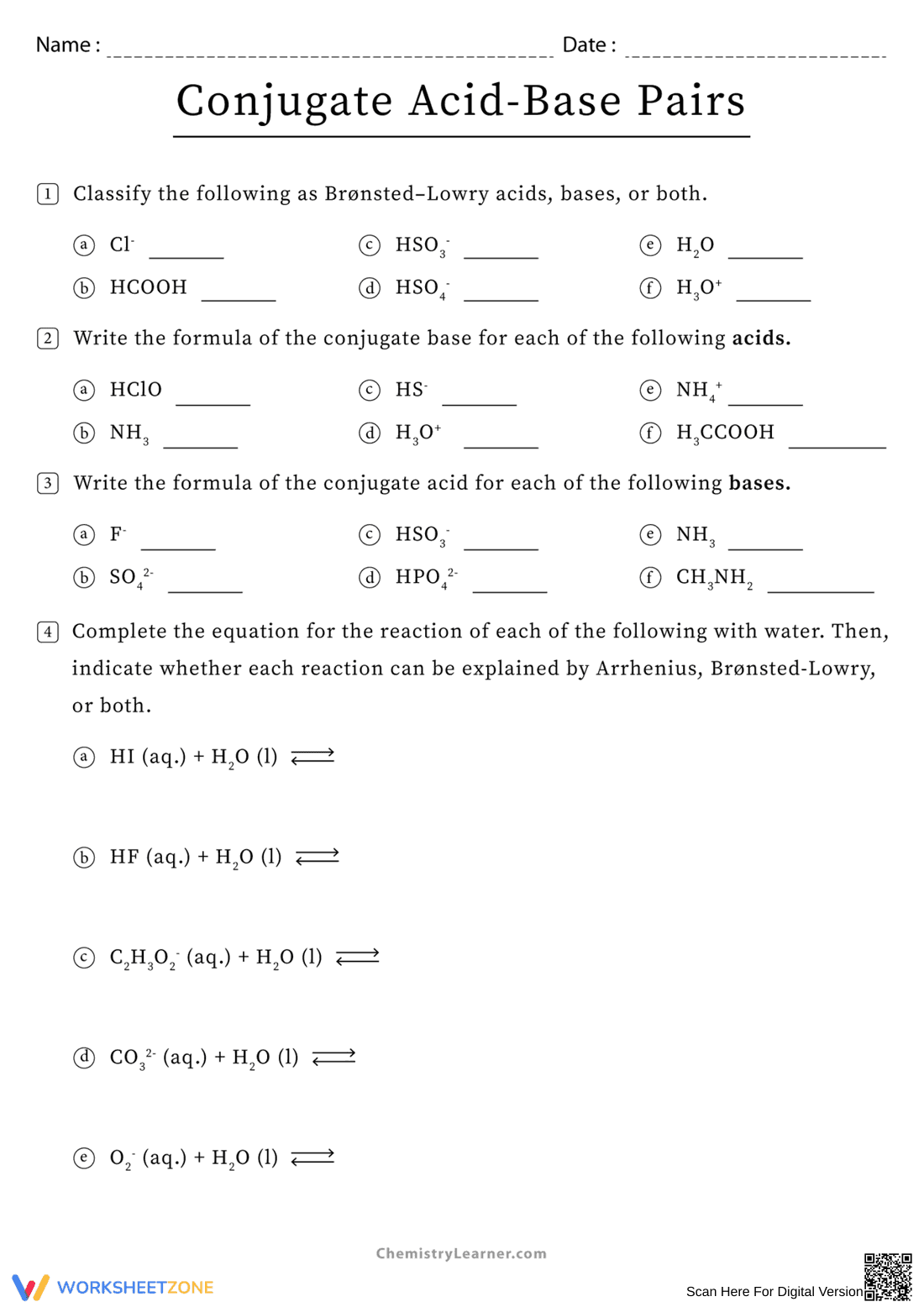 Practice With Acid and Base Pair Chemistry - Page 1