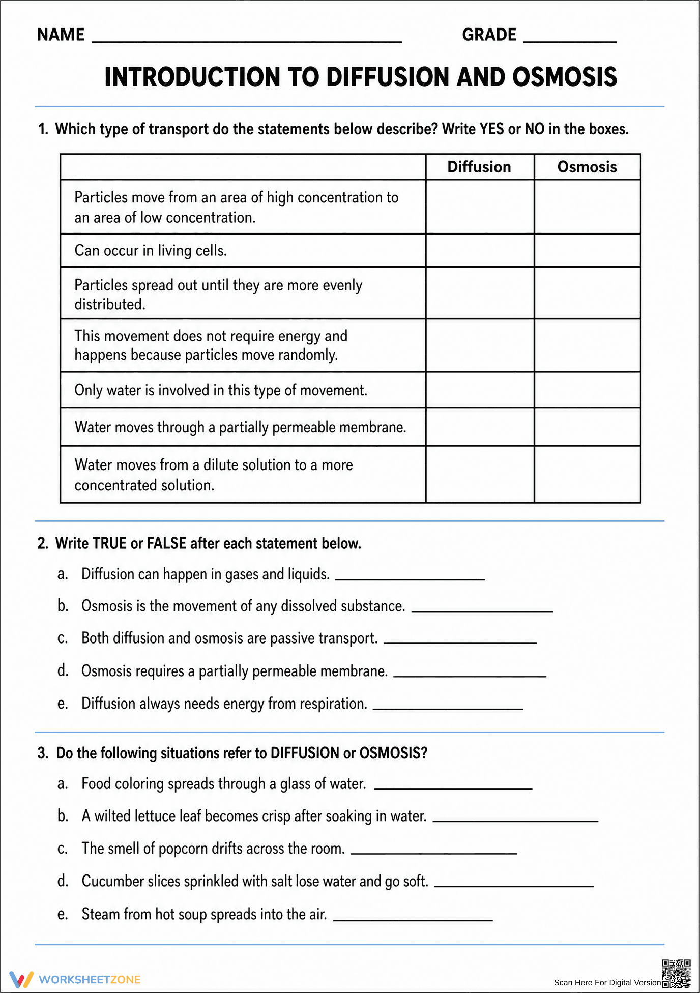 Diffusion and Osmosis Worksheet | Grade 7-9 Essential - Page 1