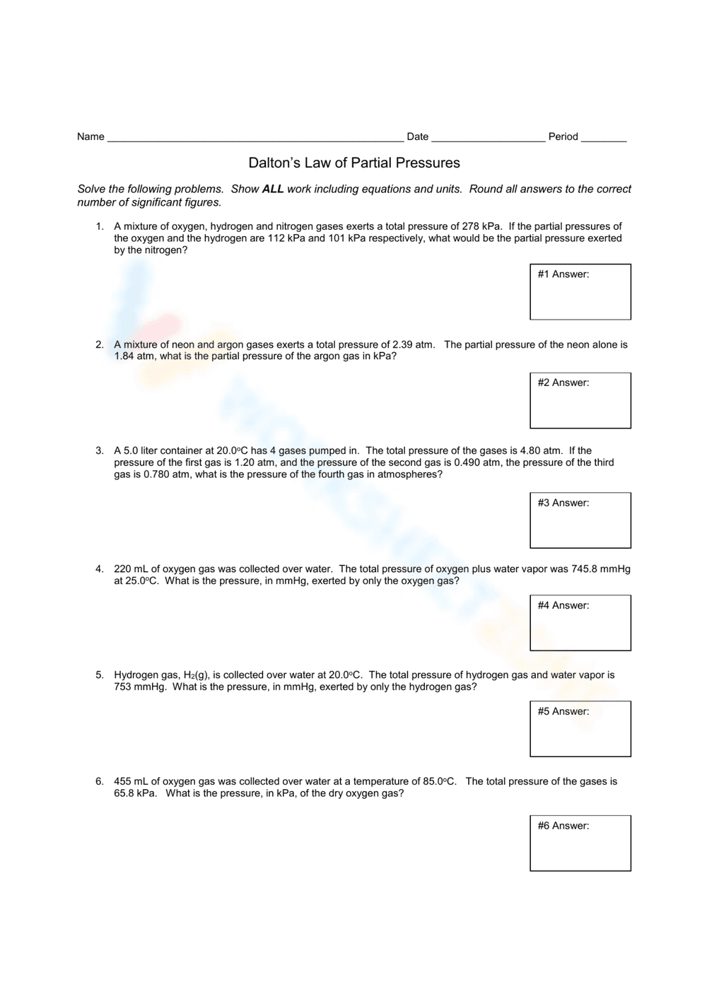 Dalton's Law: Partial Pressure Practice Problems - Page 1
