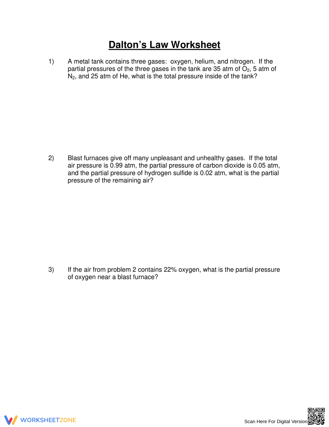 Worksheet on Dalton's Law of Partial Pressure - Page 1
