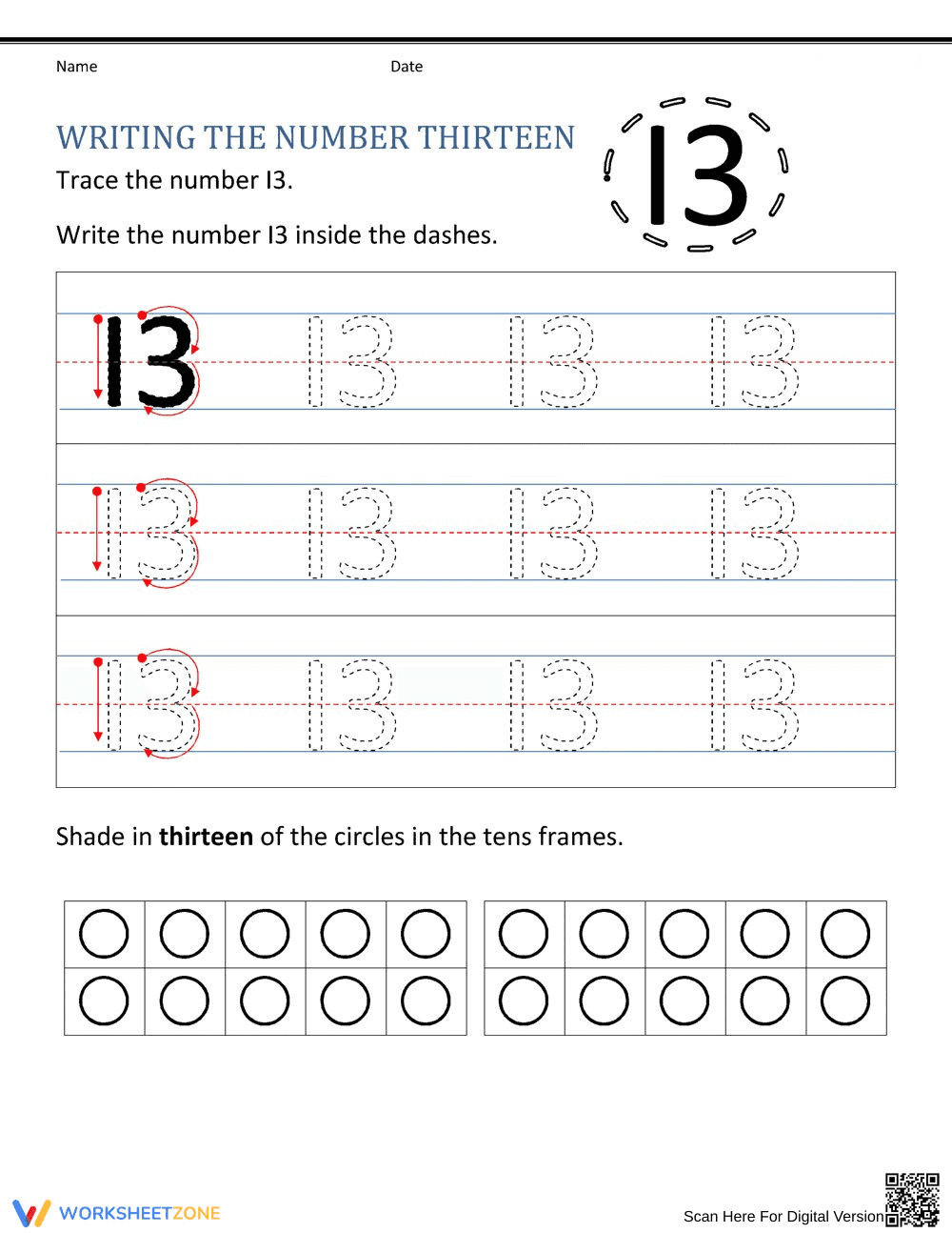 Number 13 Worksheet for Early Learners - Page 1