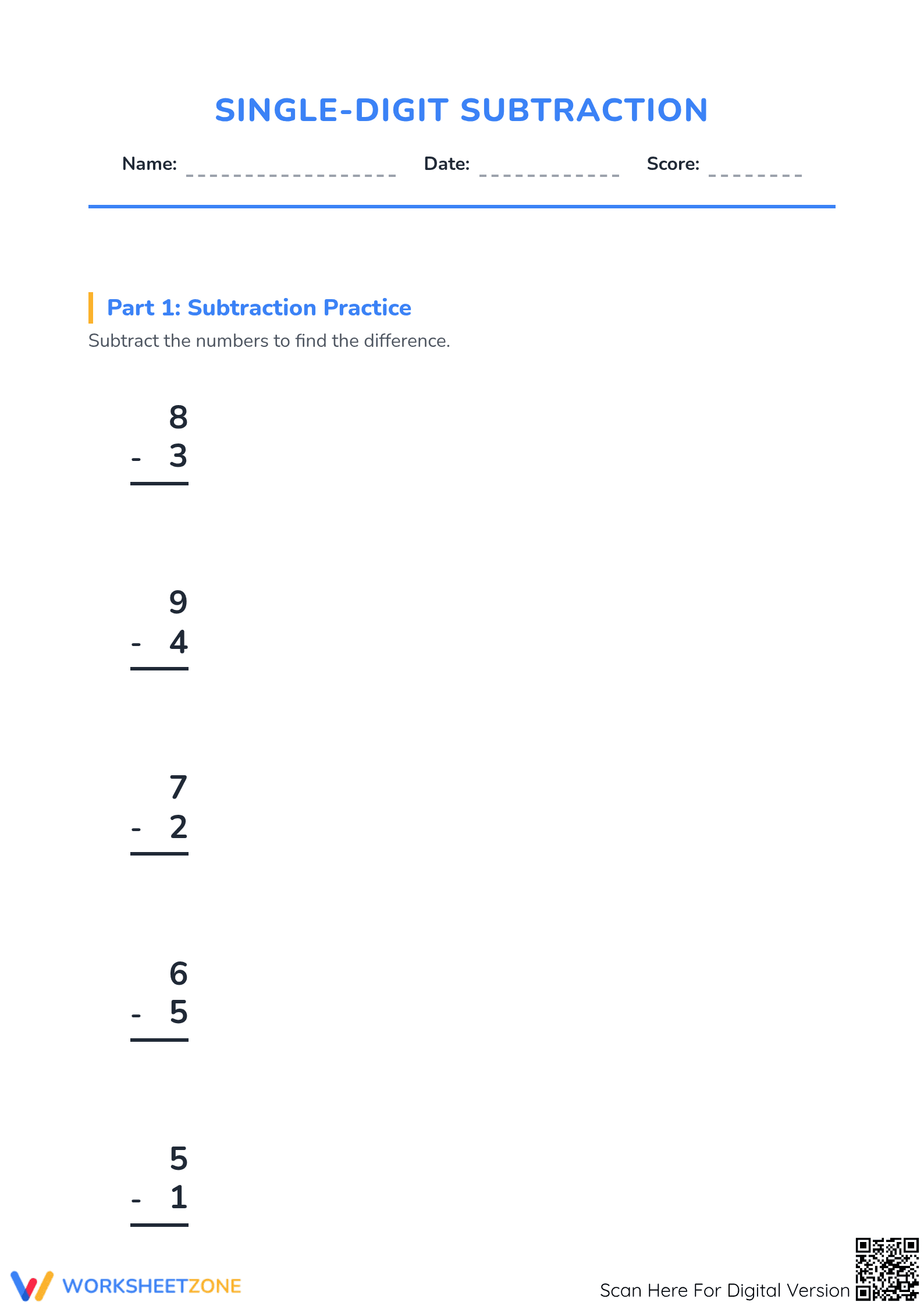Printable Single Digit Subtraction Worksheet | Grade 2 Math - Page 1