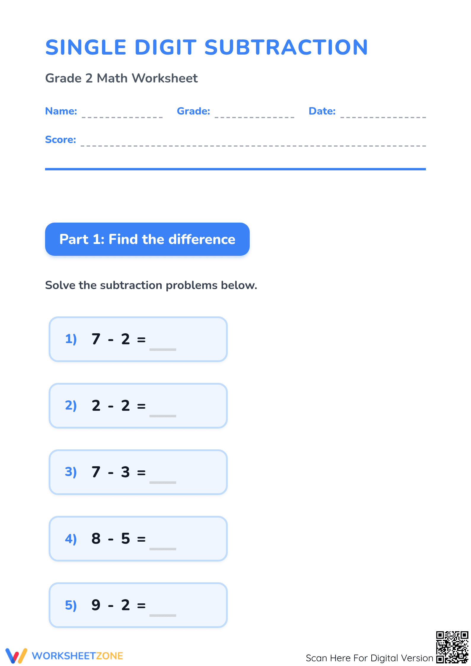 Printable Single-Digit Subtraction Worksheet | Grade 2 - Page 1