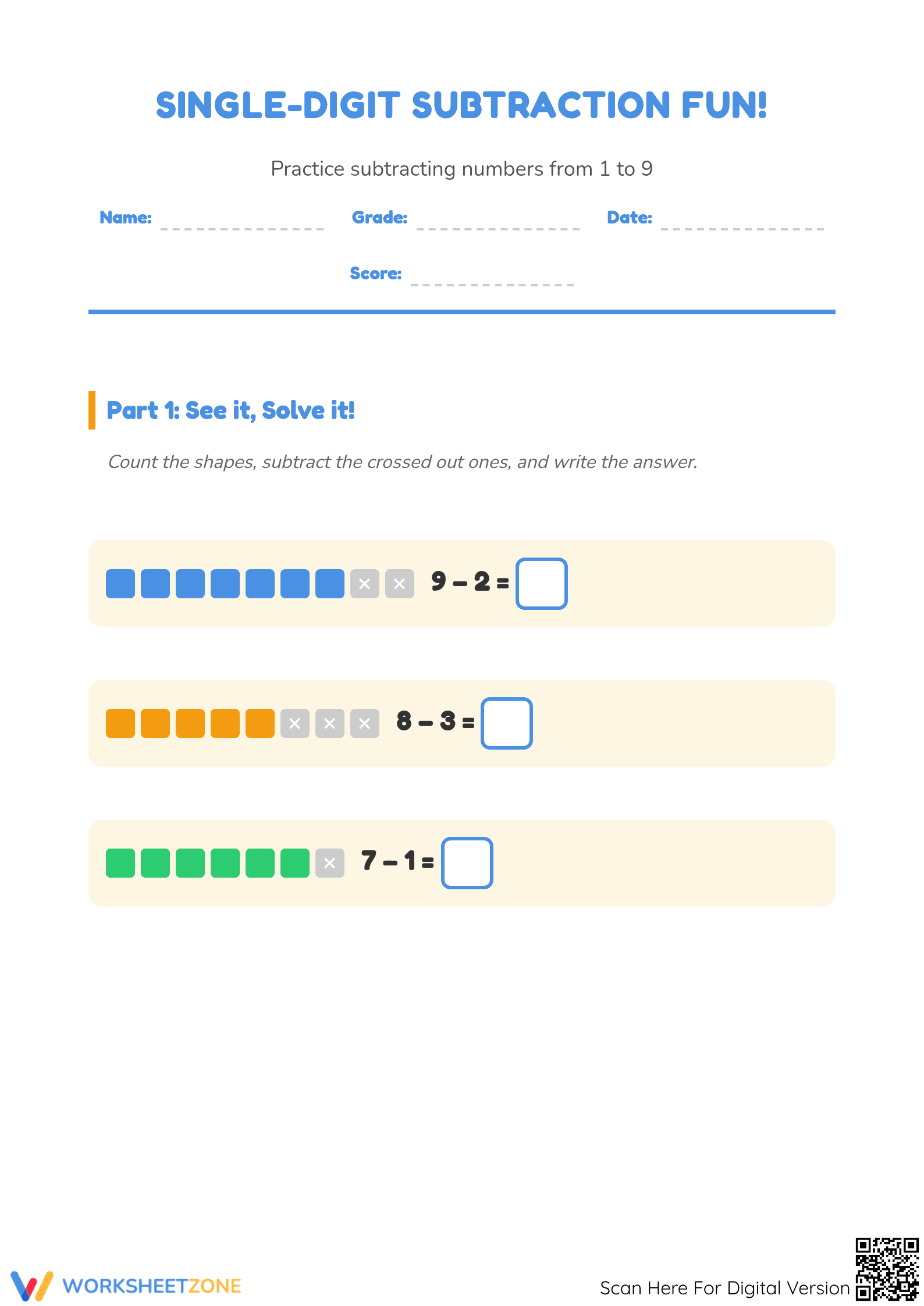 Essential Single Digit Subtraction Worksheet | Grade 2-3 - Page 1