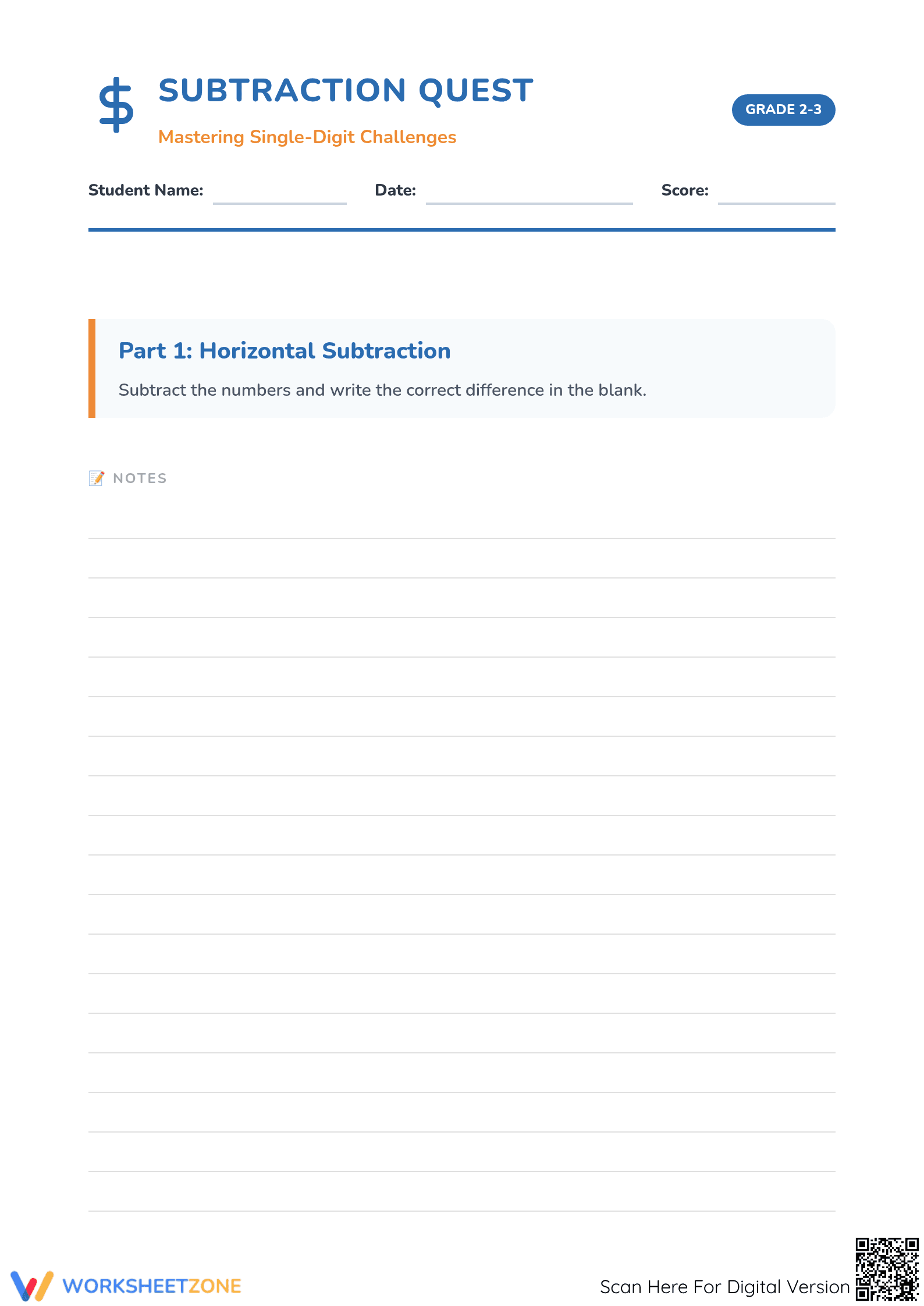 Printable 1-Digit Subtraction Worksheet | Grade 2-3 - Page 1