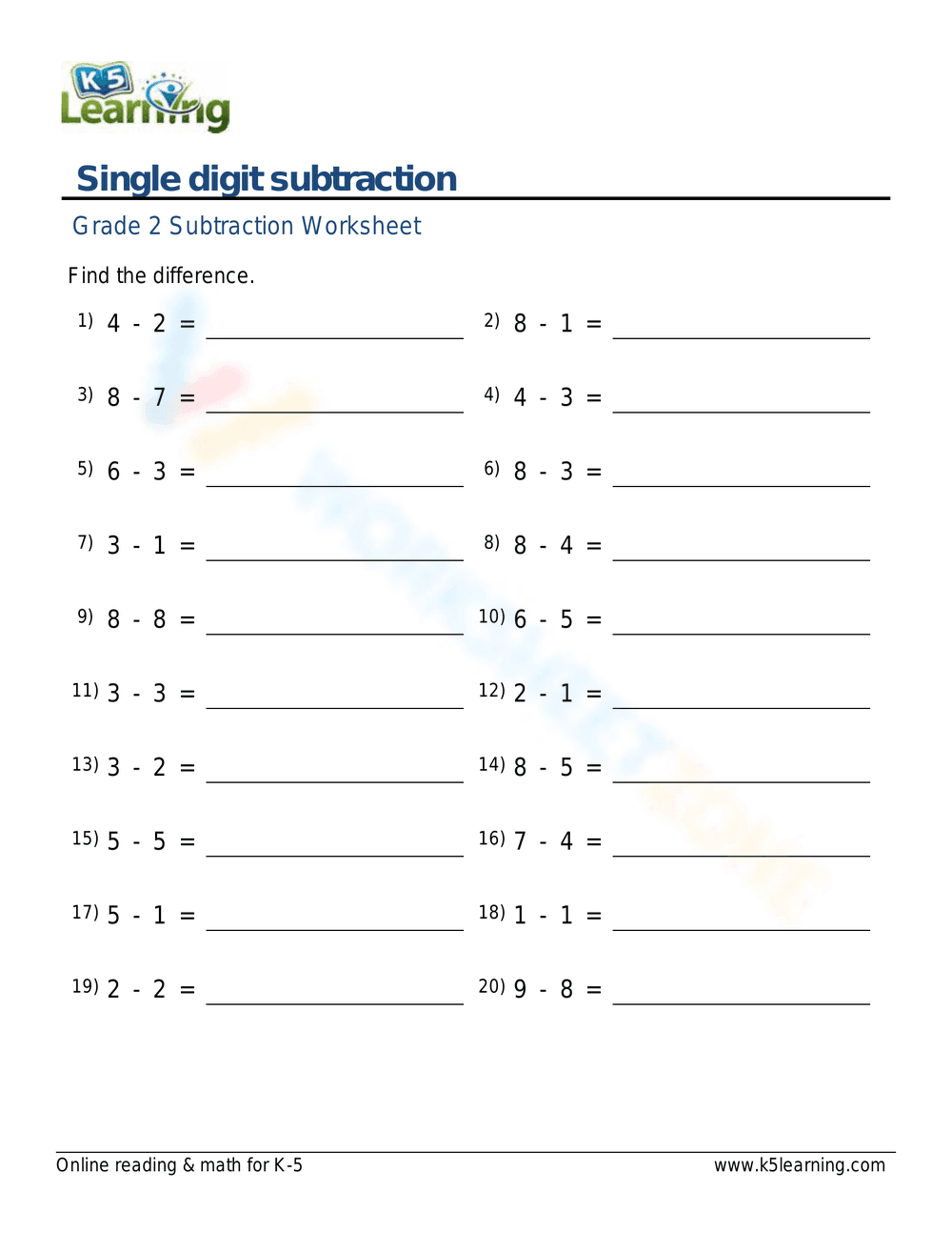 Worksheet 2: 1-digit subtraction - Page 1