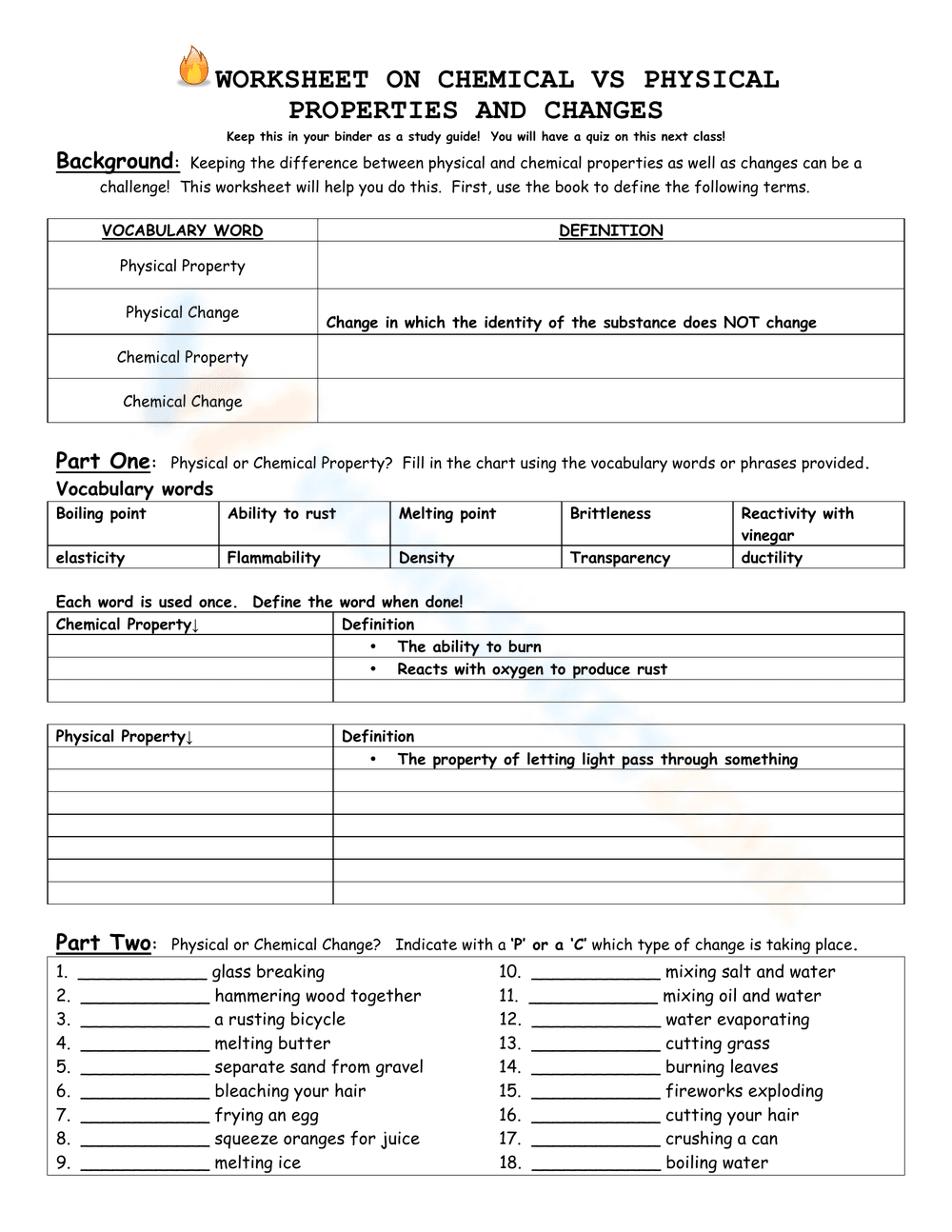 Chemical vs Physical Properties: Practice - Page 1