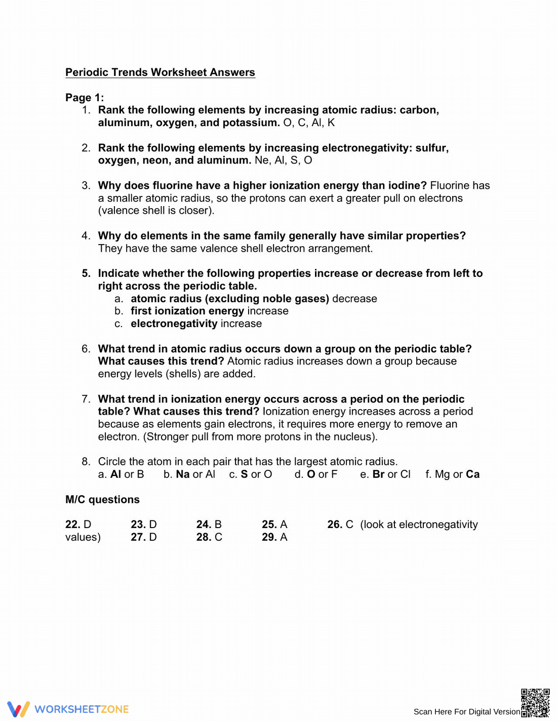 Periodic Trends Practice: Answer Key Worksheet - Page 1