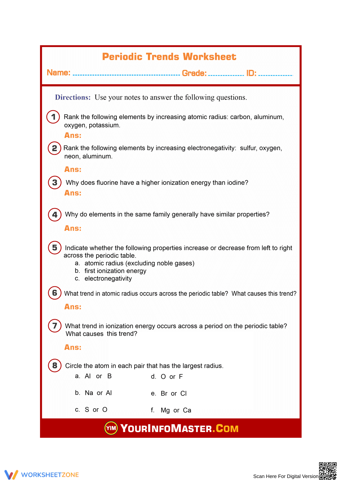 Periodic Trends Worksheet for Chemistry Students - Page 1