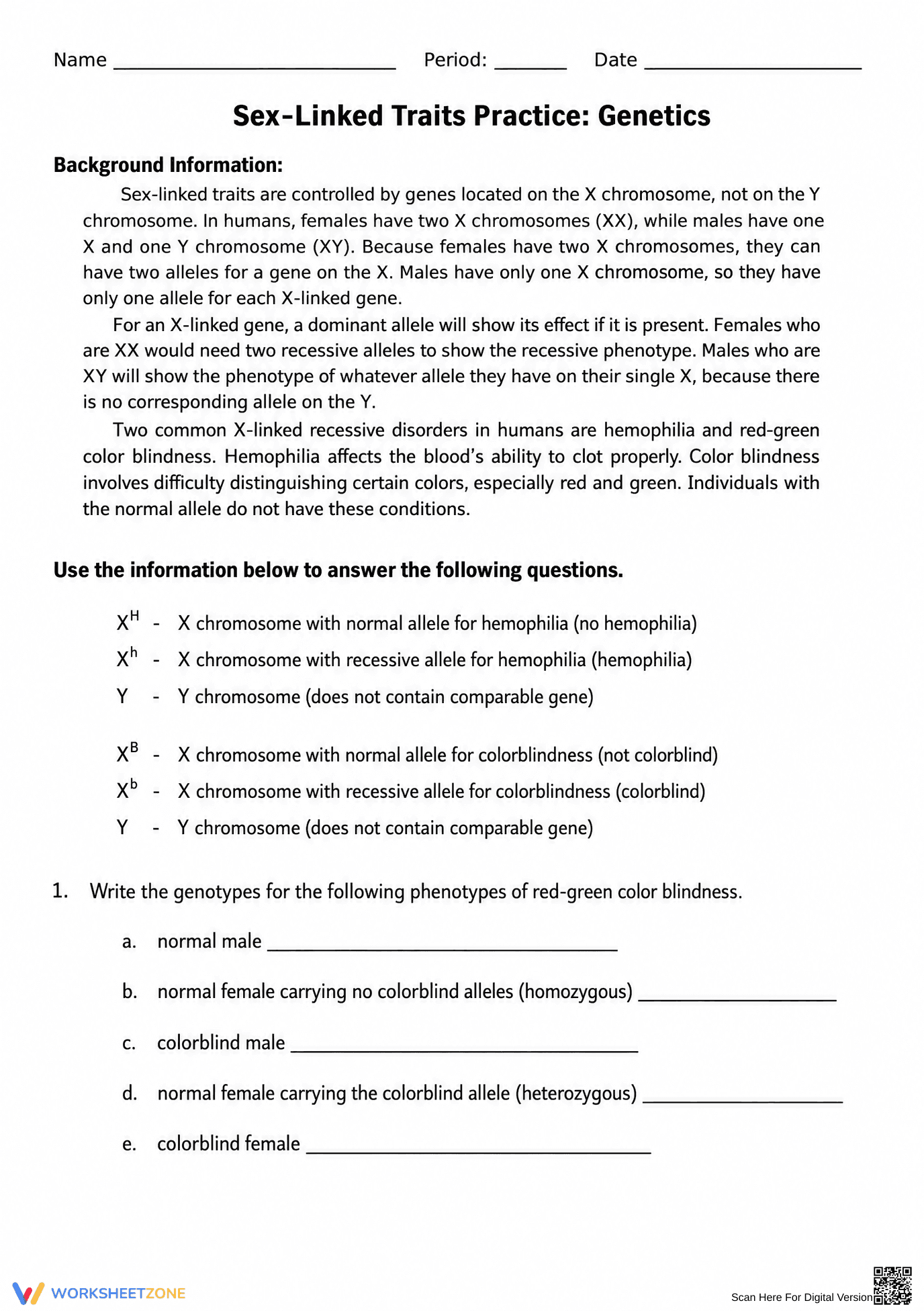 Sex-Linked Traits Practice Worksheet | Essential Biology - Page 1