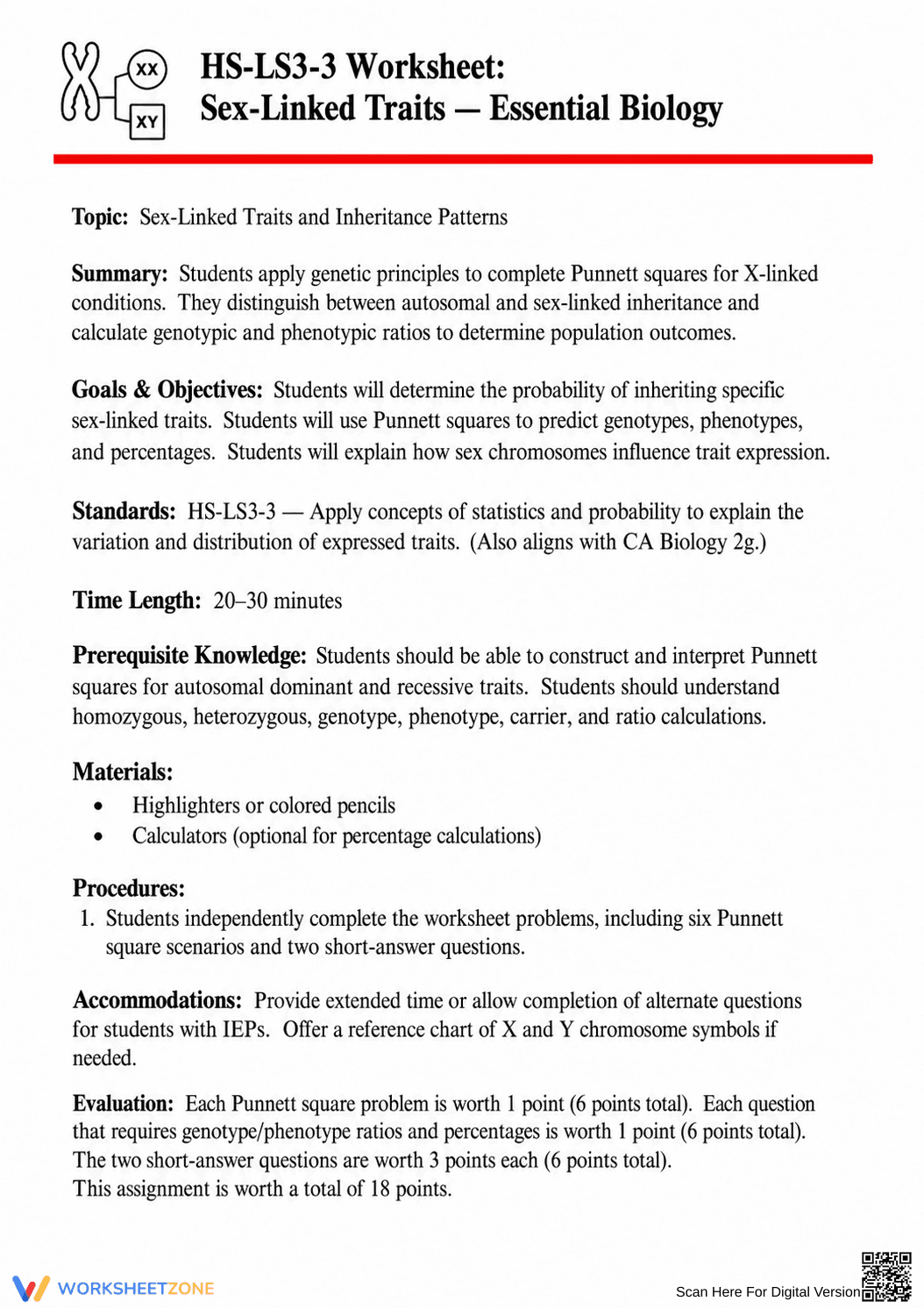 HS-LS3-3 Worksheet: Sex-Linked Traits — Essential Biology - Page 1