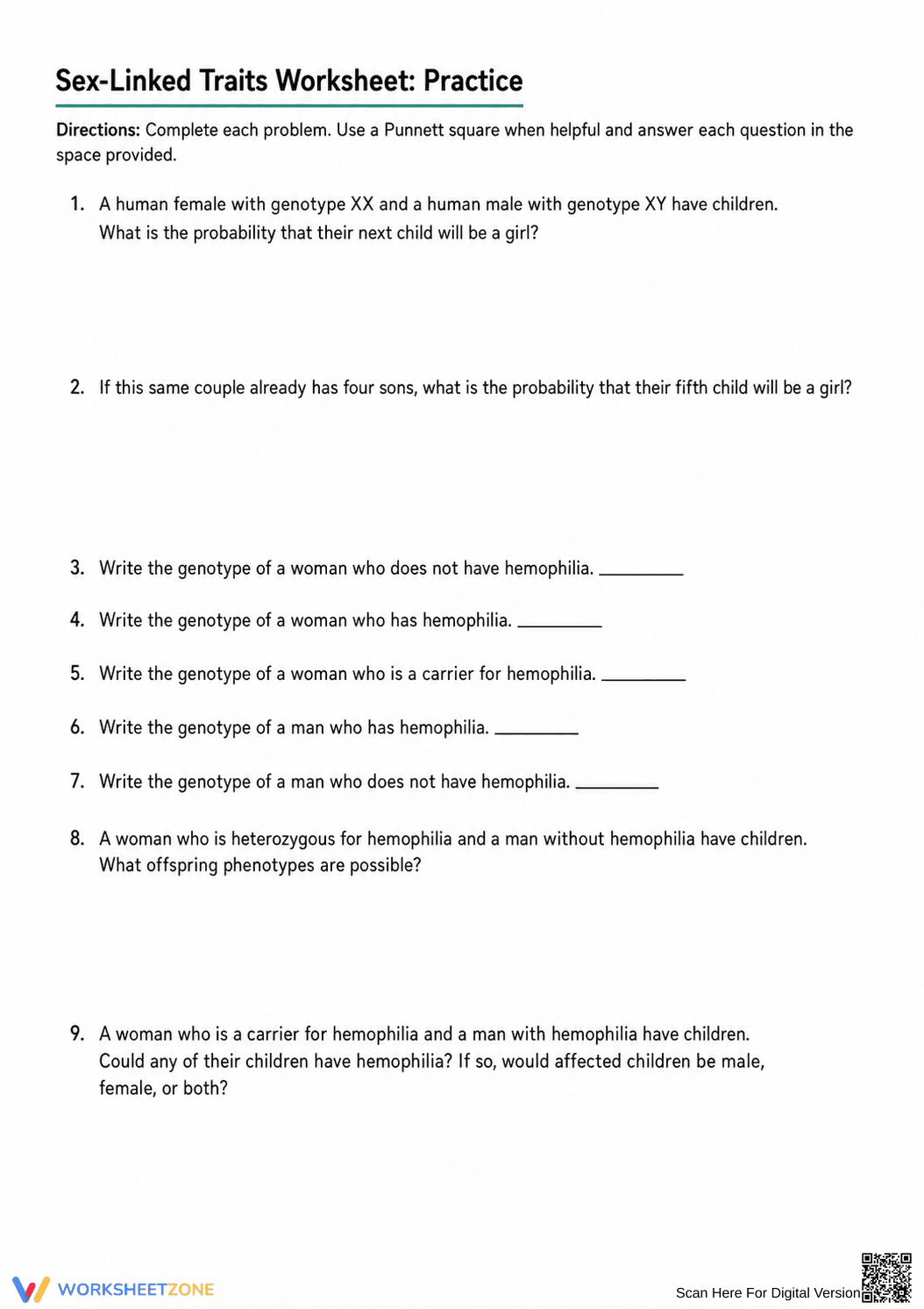 Printable Sex-Linked Traits Worksheet | Grade 9 Biology - Page 1