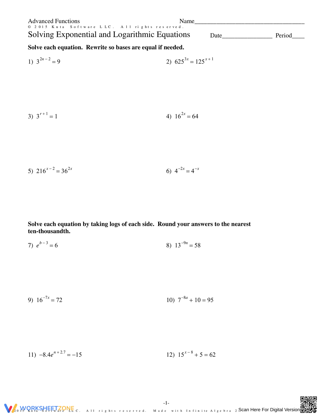 Worksheet on Solving Exponential Equations - Page 1