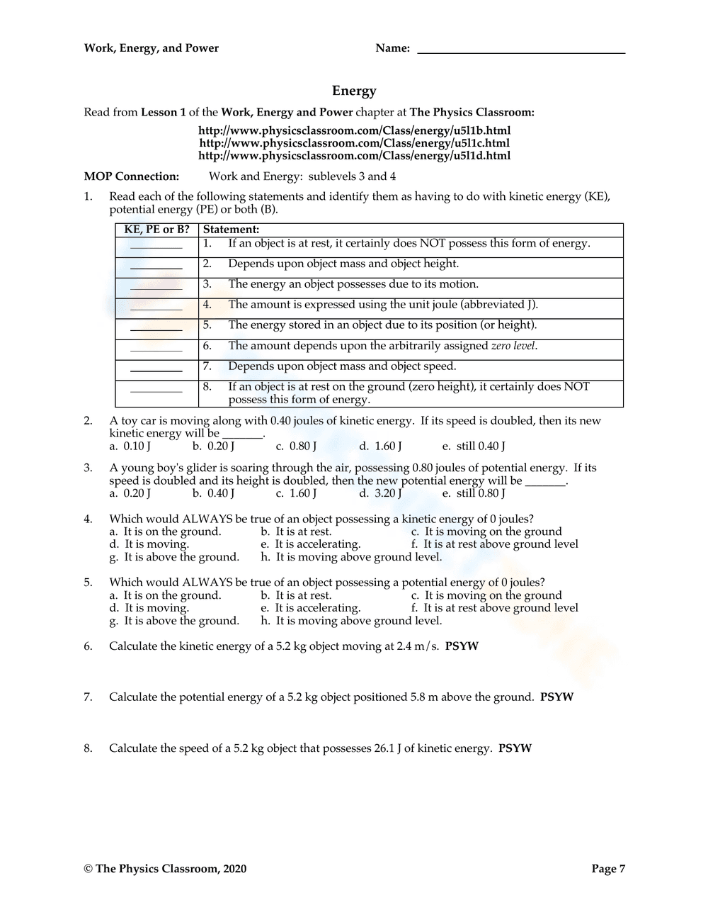 Exploring Work, Power, and Energy Concepts - Page 1