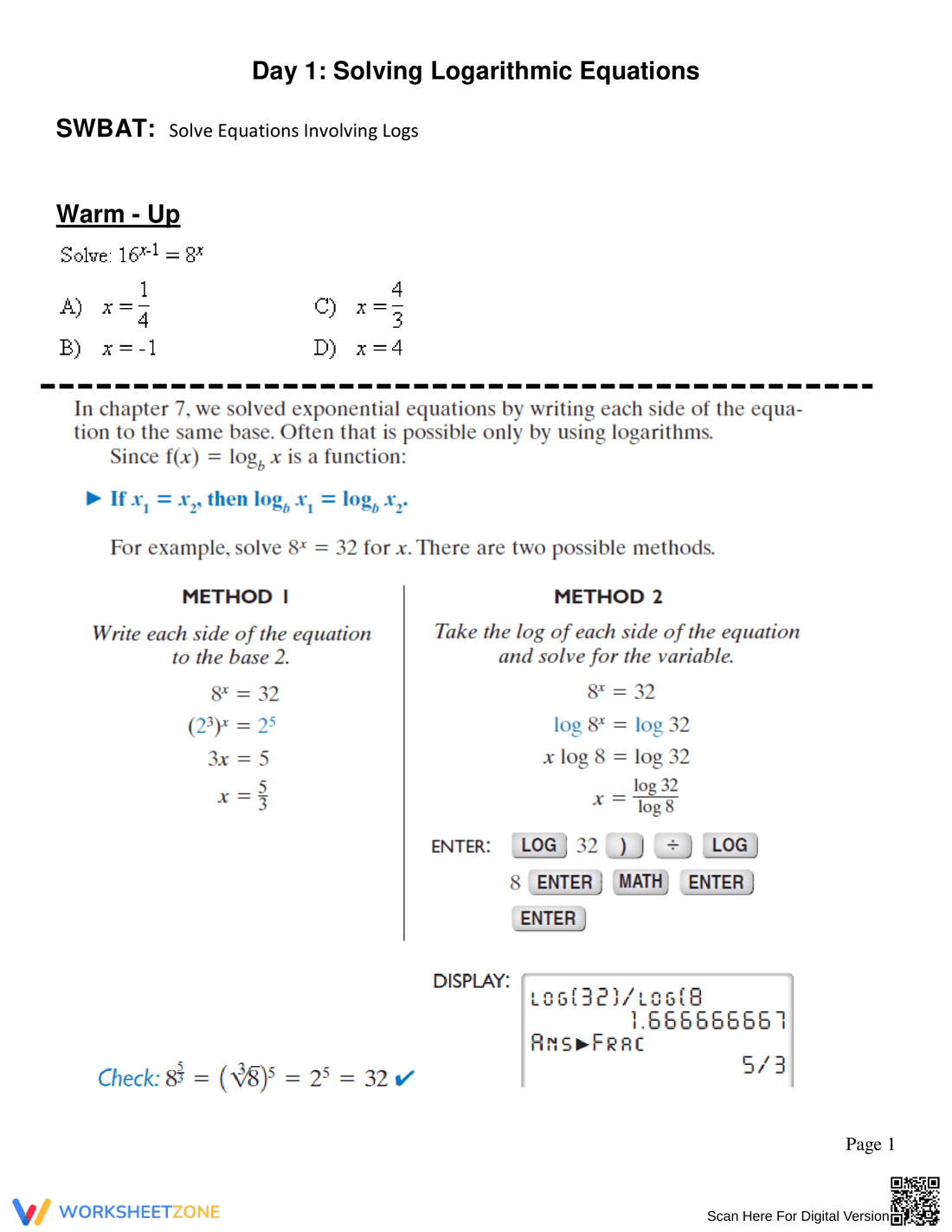 Advanced Logarithmic Equations Solving Practice - Page 1