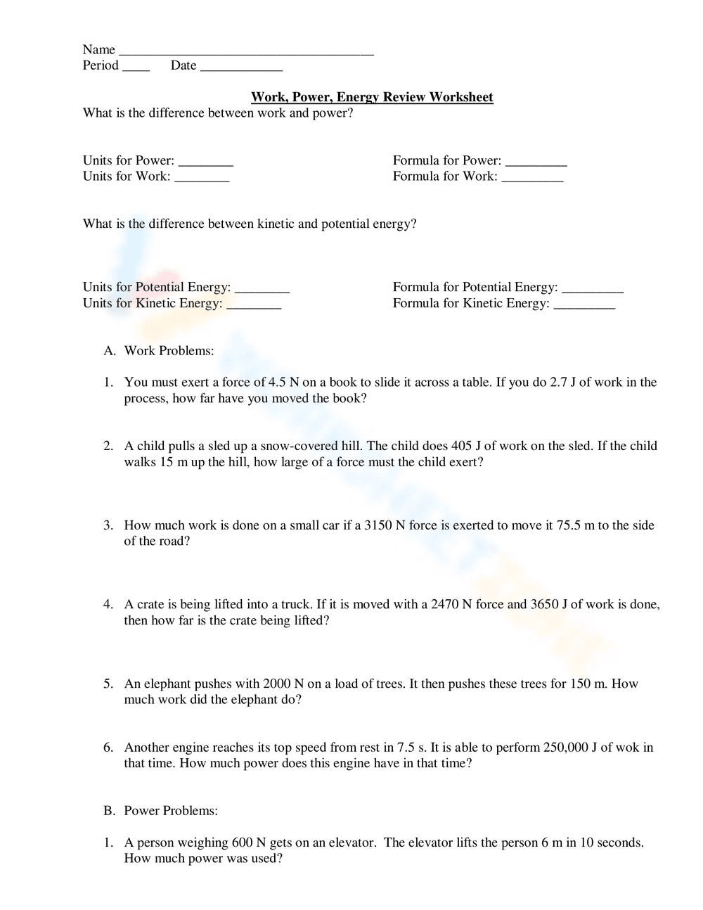Review: Work, Power, and Energy Concepts - Page 1