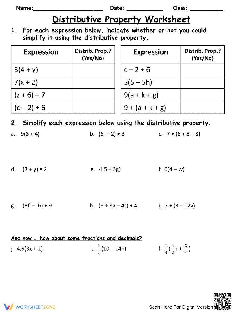 Algebraic Skills: Distributive Property Worksheet - Page 1