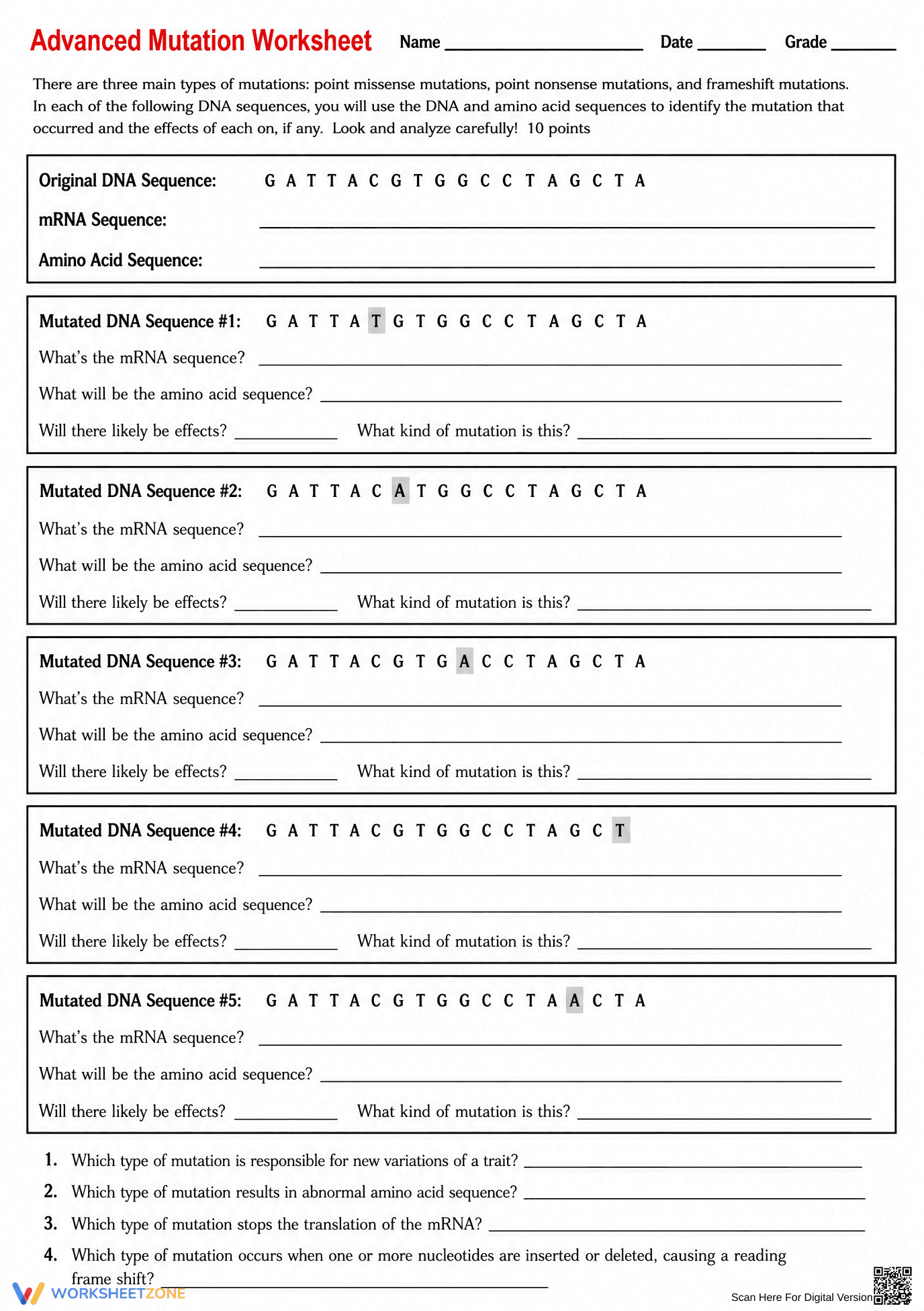 Advanced Mutation Worksheet | Essential Grade 9-12 Biology - Page 1
