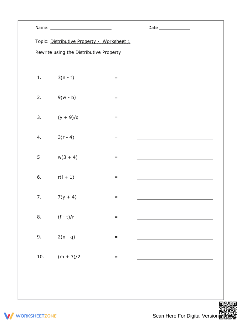 Practice Problems: Distributive Property Worksheet - Page 1