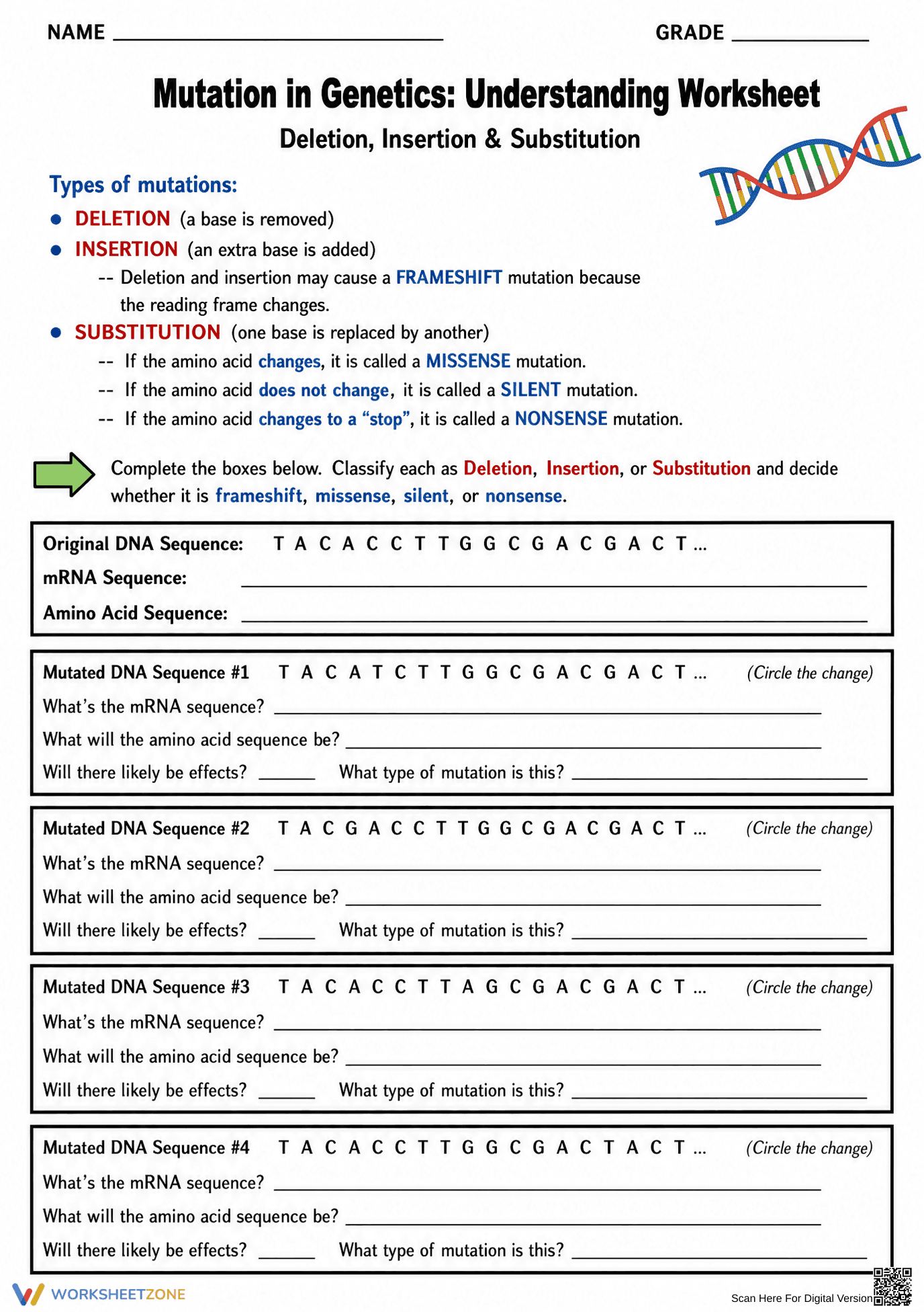 Printable DNA Mutations Worksheet | Grade 9 Biology - Page 1