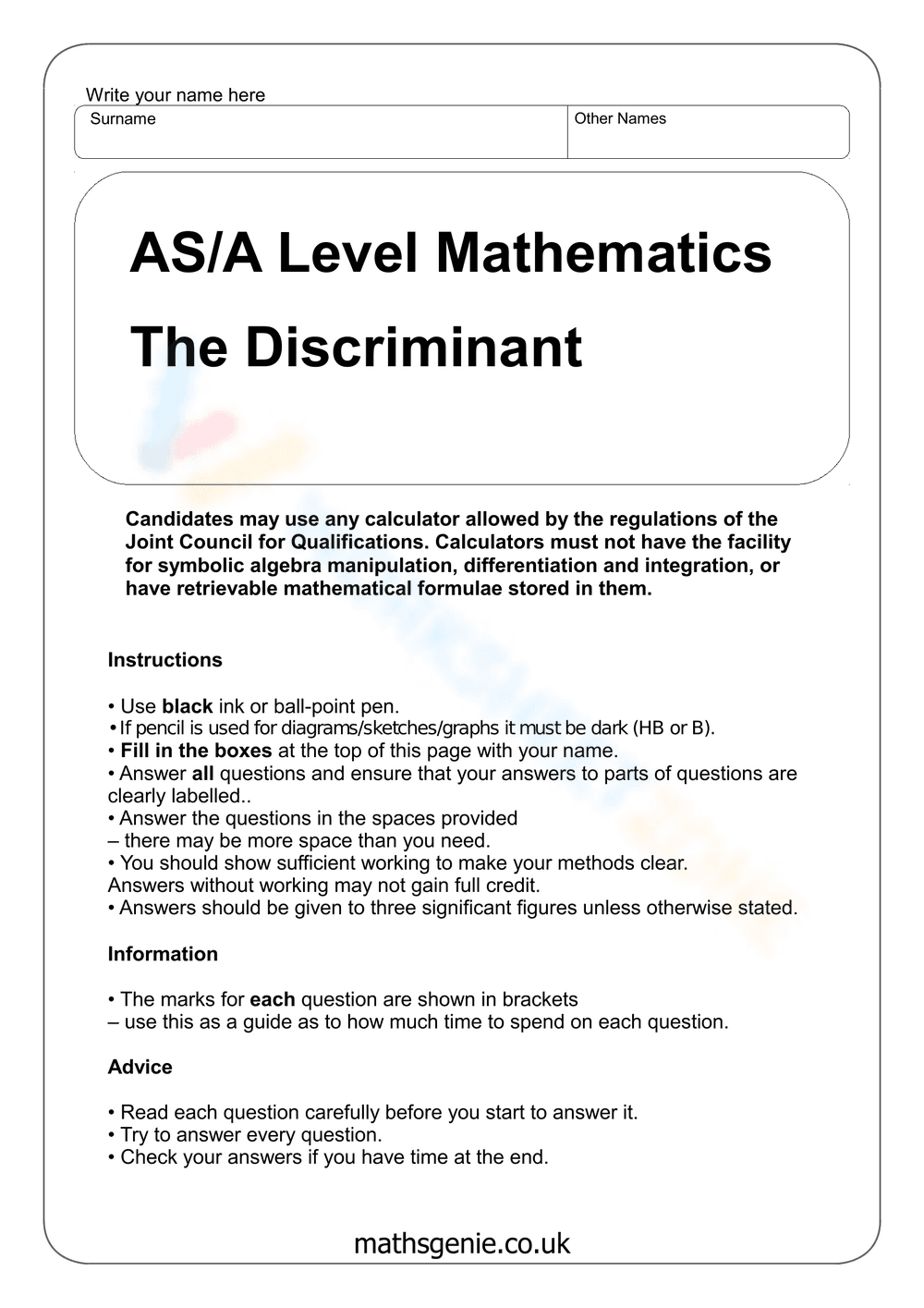 Using The Discriminant: Quadratic Equations - Page 1