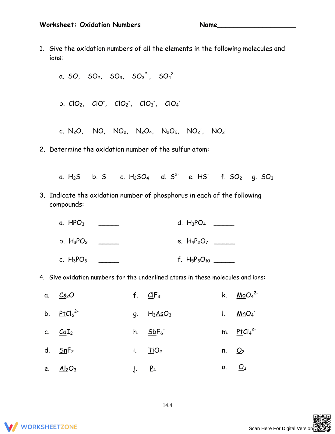 Chemistry Practice: Assigning Oxidation Numbers - Page 1