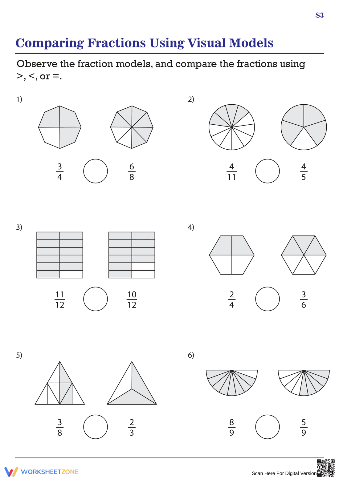 Comparing Fractions Using Visual Models Worksheet - Page 1