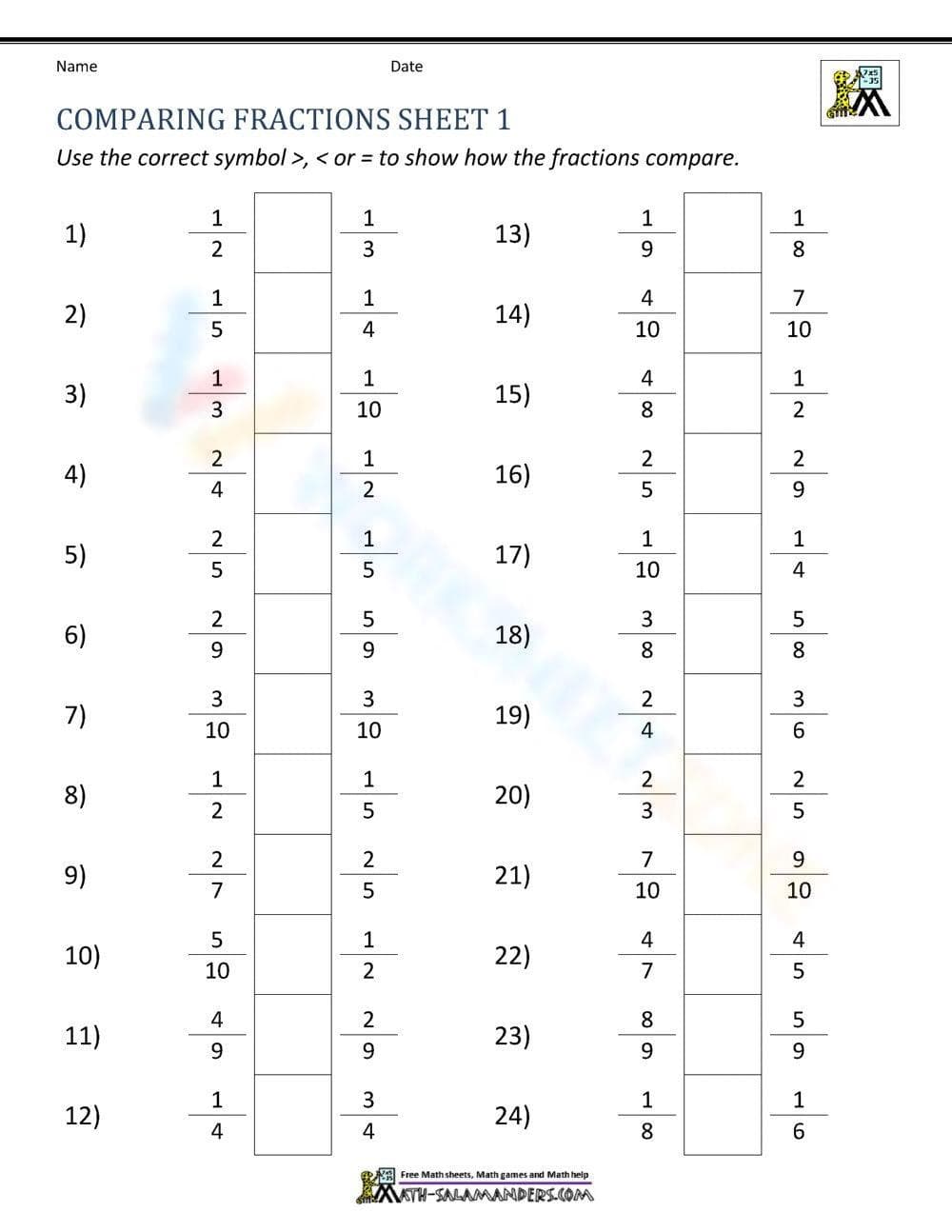 Compare Fraction Worksheet - Page 1