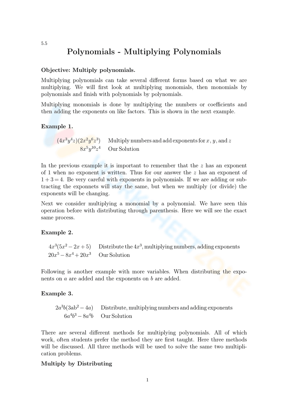 Updated Polynomials: Multiplying Polynomials Practice - Page 1