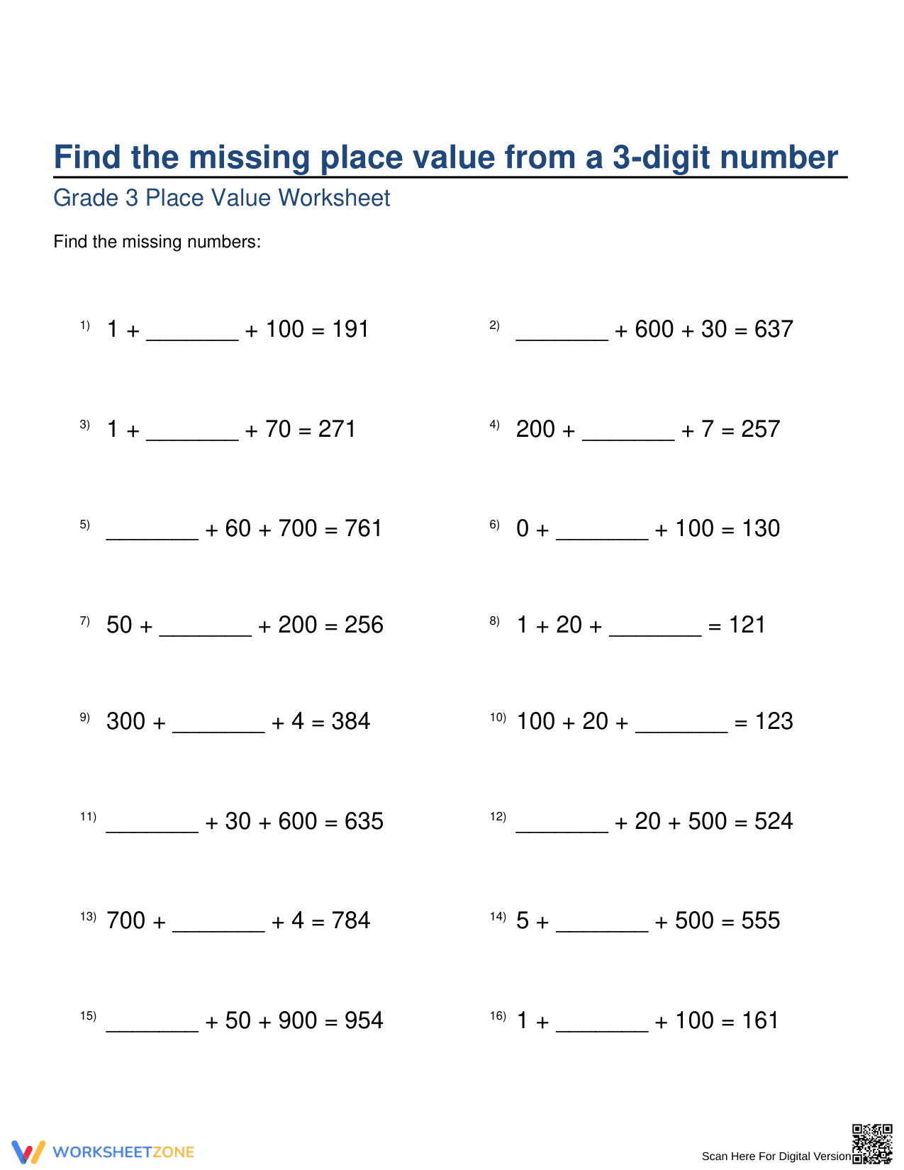 Place Value from a 3-Digit Number Worksheet - Page 1