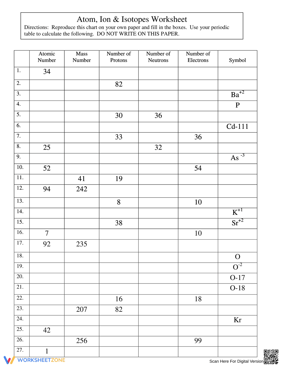 Atoms, Ions, and Isotopes Worksheet for Chemistry Students - Page 1