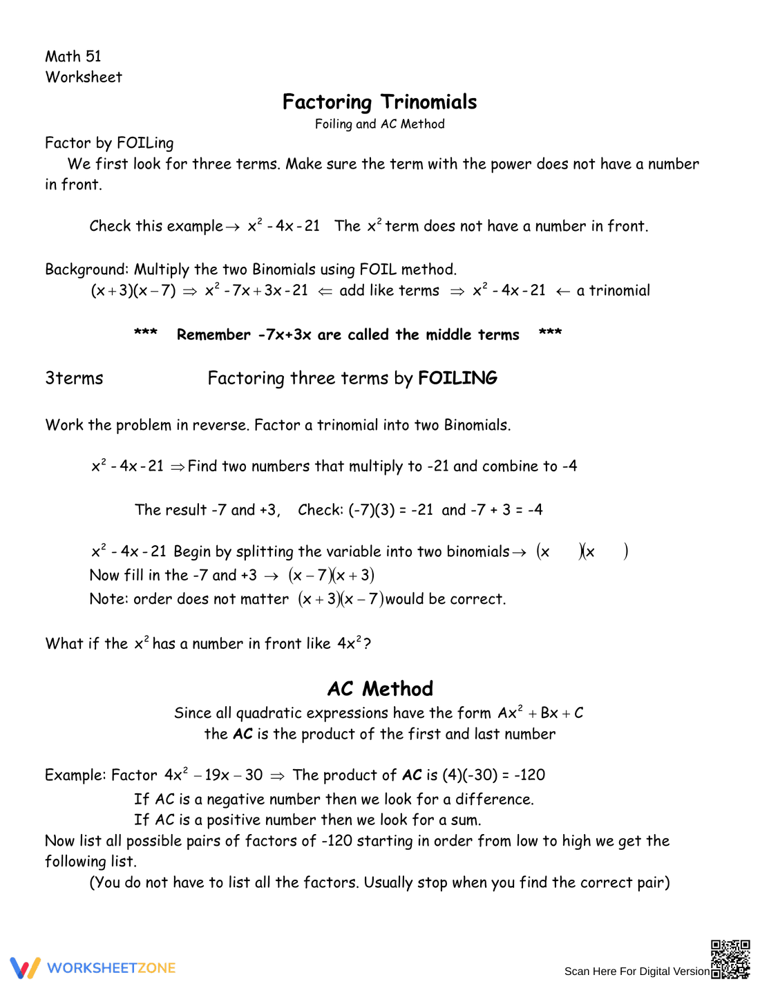 Advanced Factoring Trinomials Practice Worksheet for Algebra - Page 1