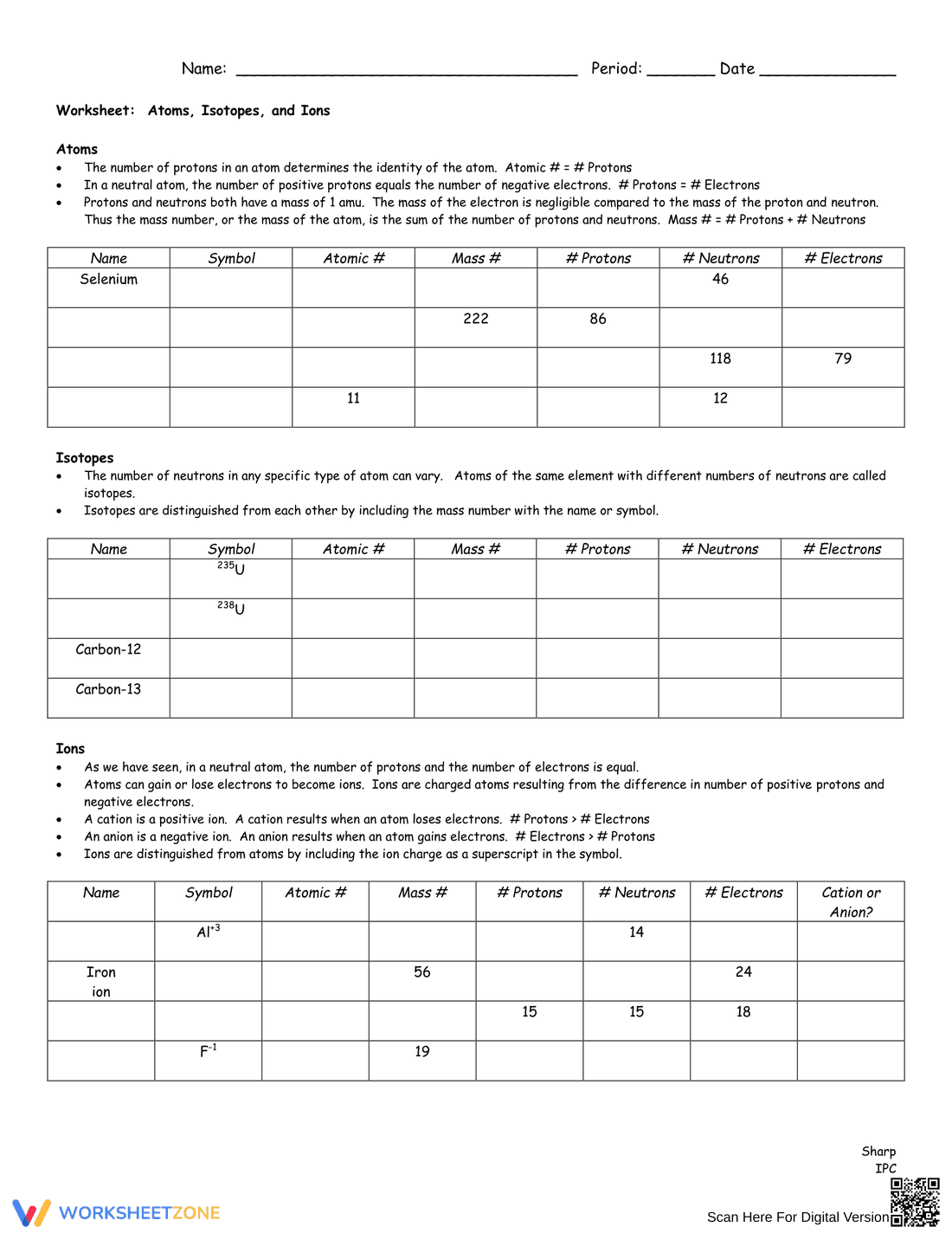 Atoms, Isotopes, and Ions: A Comprehensive Worksheet - Page 1