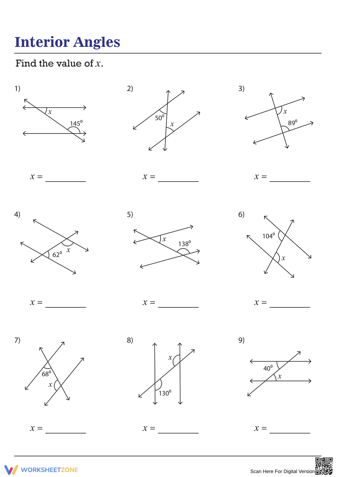 Angles in Parallel Lines 2: Geometry Worksheet Practice - Page 1