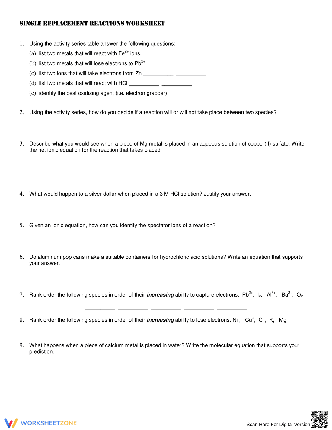 Single Replacement Reactions Worksheet for Chemistry - Page 1