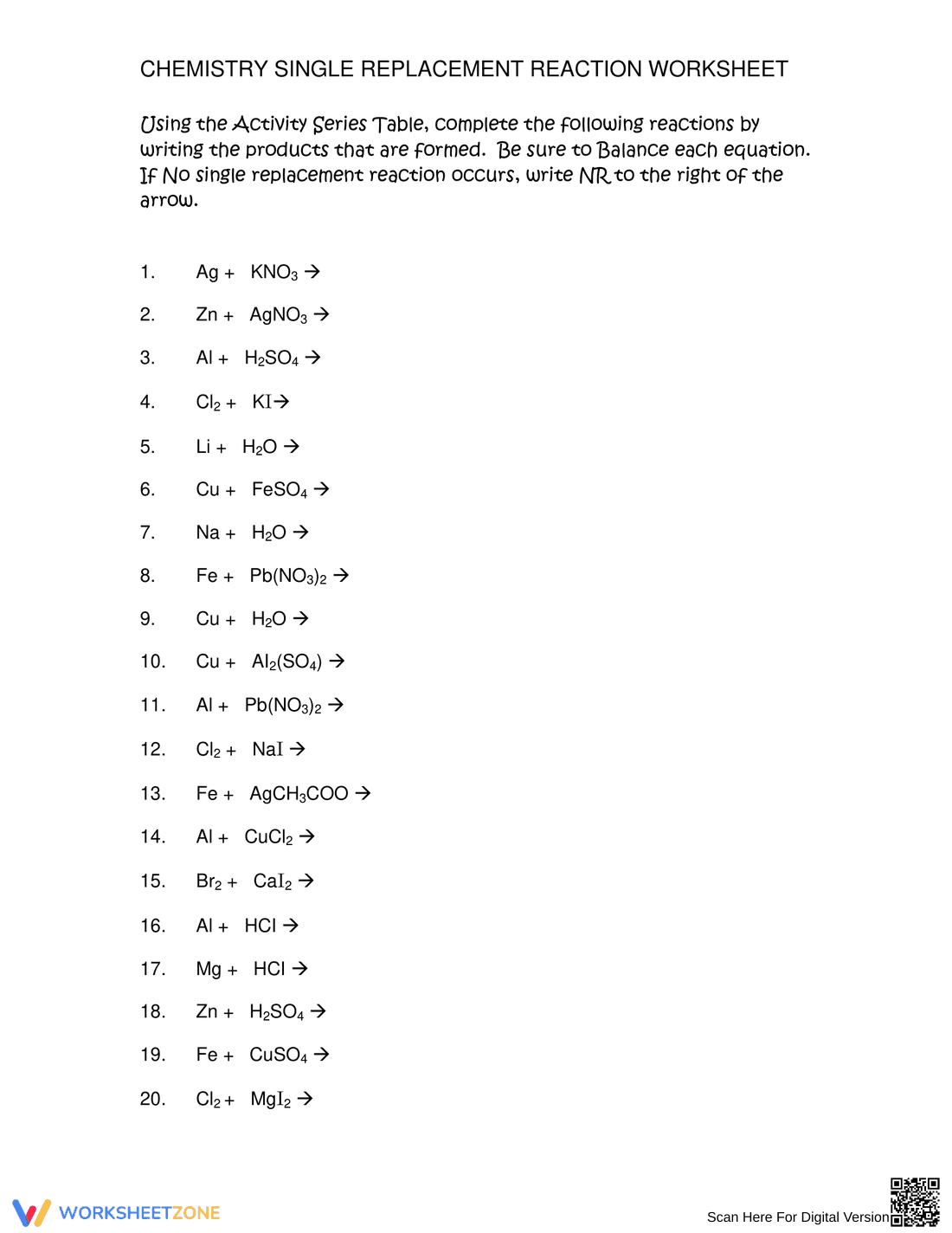 Single Replacement Reaction Worksheet | Essential Chemistry - Page 1